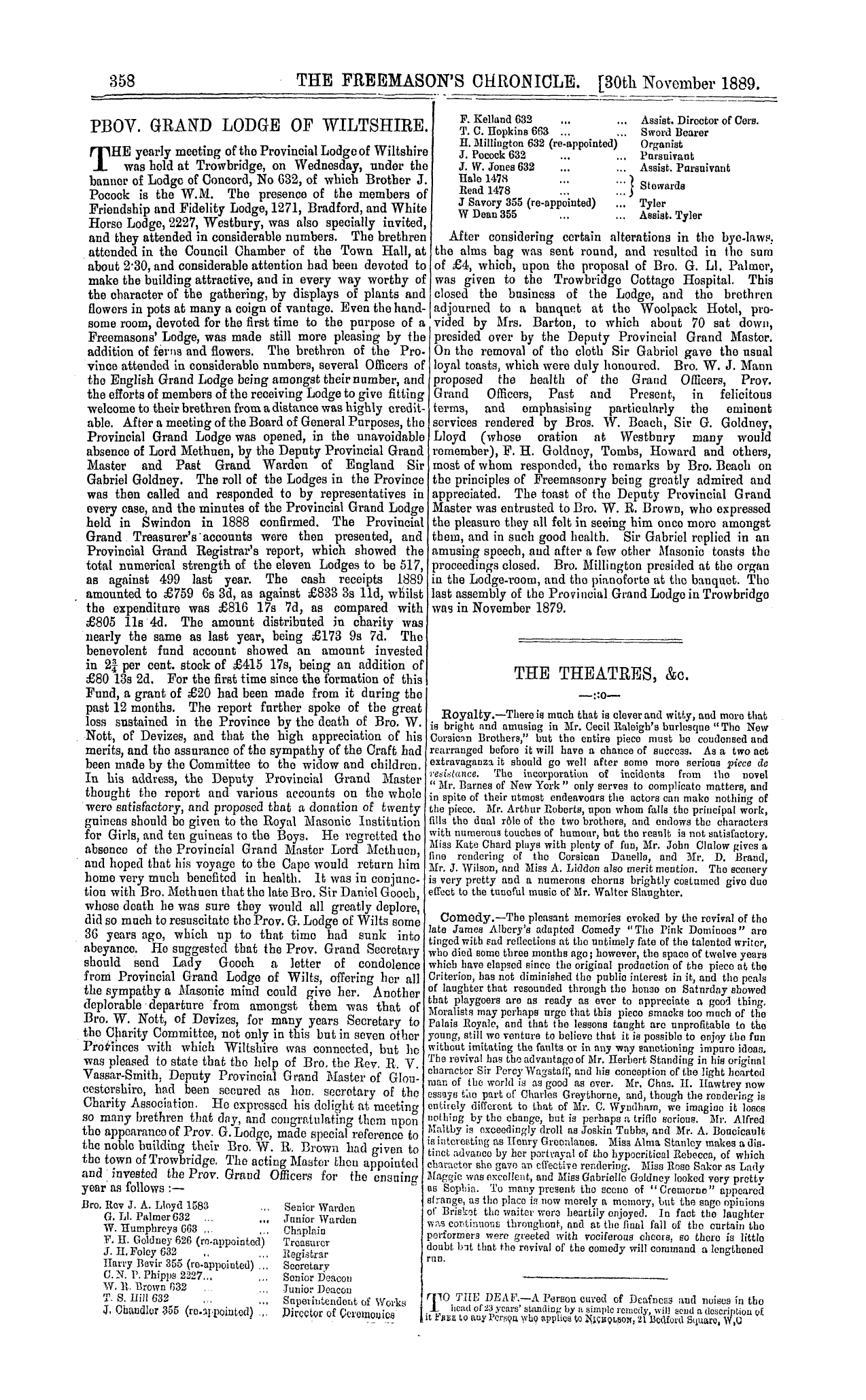 The Freemason's Chronicle: 1889-11-30 - The Theatres, &C.