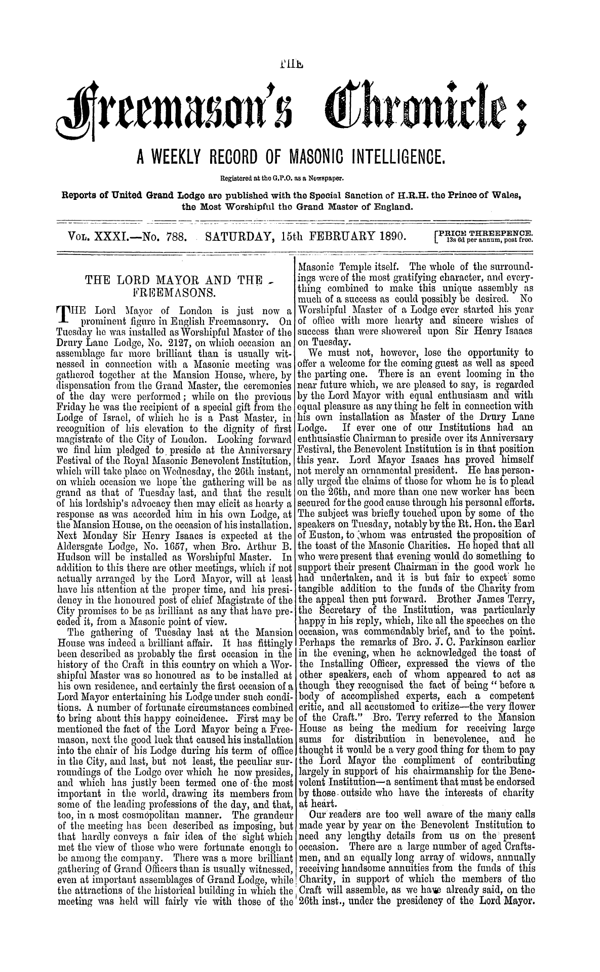 The Freemason's Chronicle: 1890-02-15 - The Lord Mayor And The Freemasons.