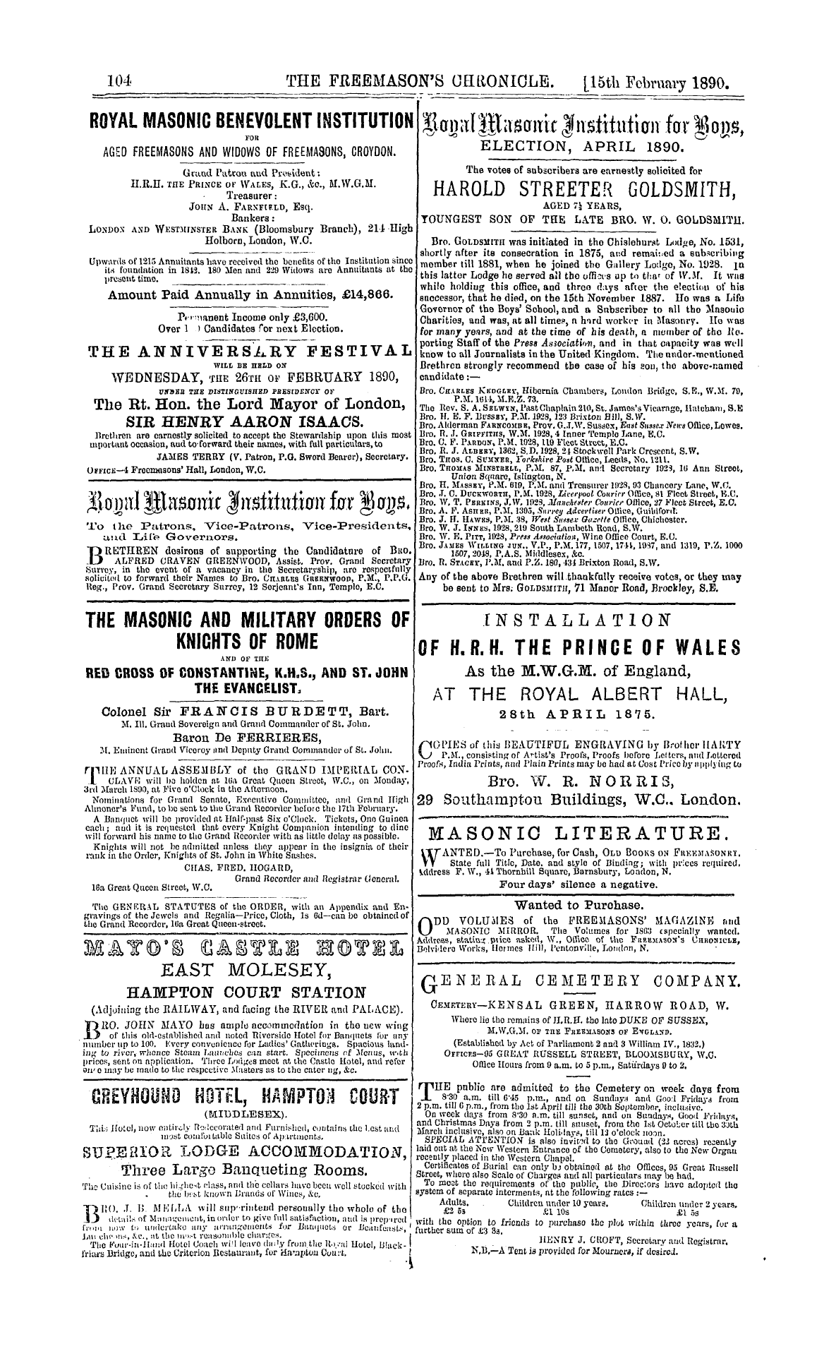 The Freemason's Chronicle: 1890-02-15 - Ad00806