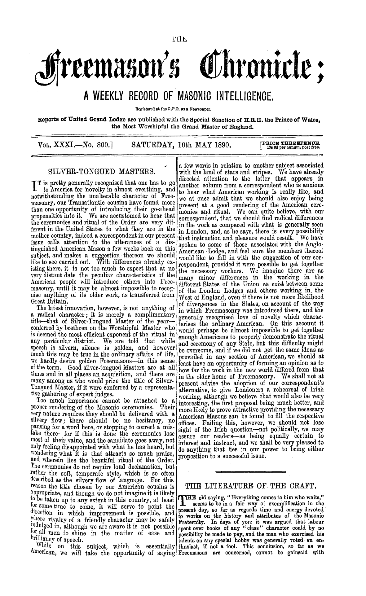 The Freemason's Chronicle: 1890-05-10 - The Literature Of The Craft.