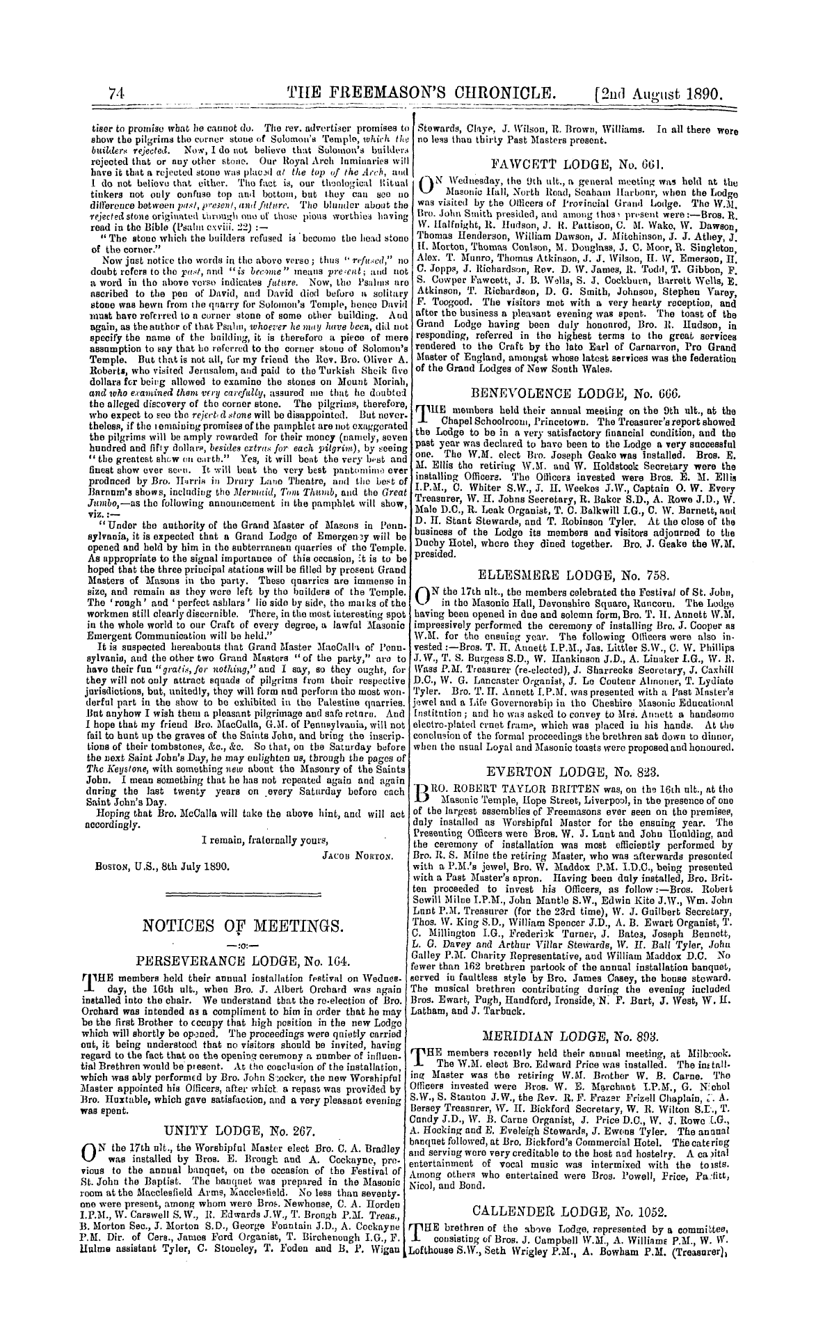 The Freemason's Chronicle: 1890-08-02 - Notices Of Meetings.