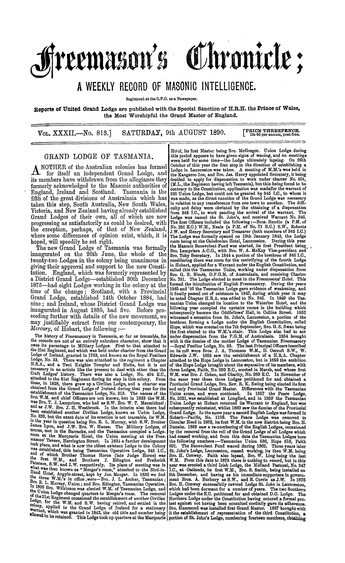 The Freemason's Chronicle: 1890-08-09 - Grand Lodge Of Tasmania.