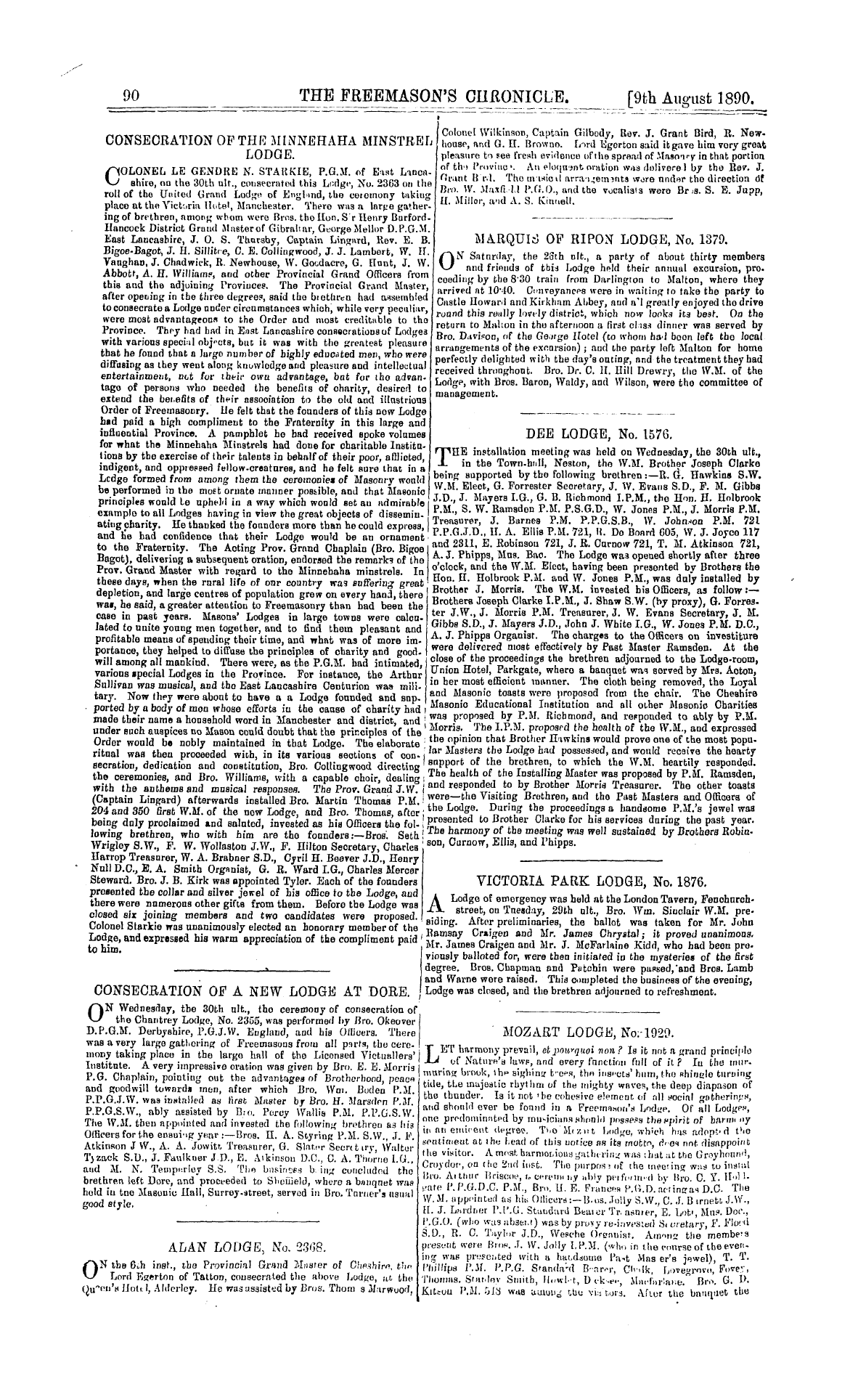 The Freemason's Chronicle: 1890-08-09 - Consecration Of The Minnehaha Minstrel Lodge.