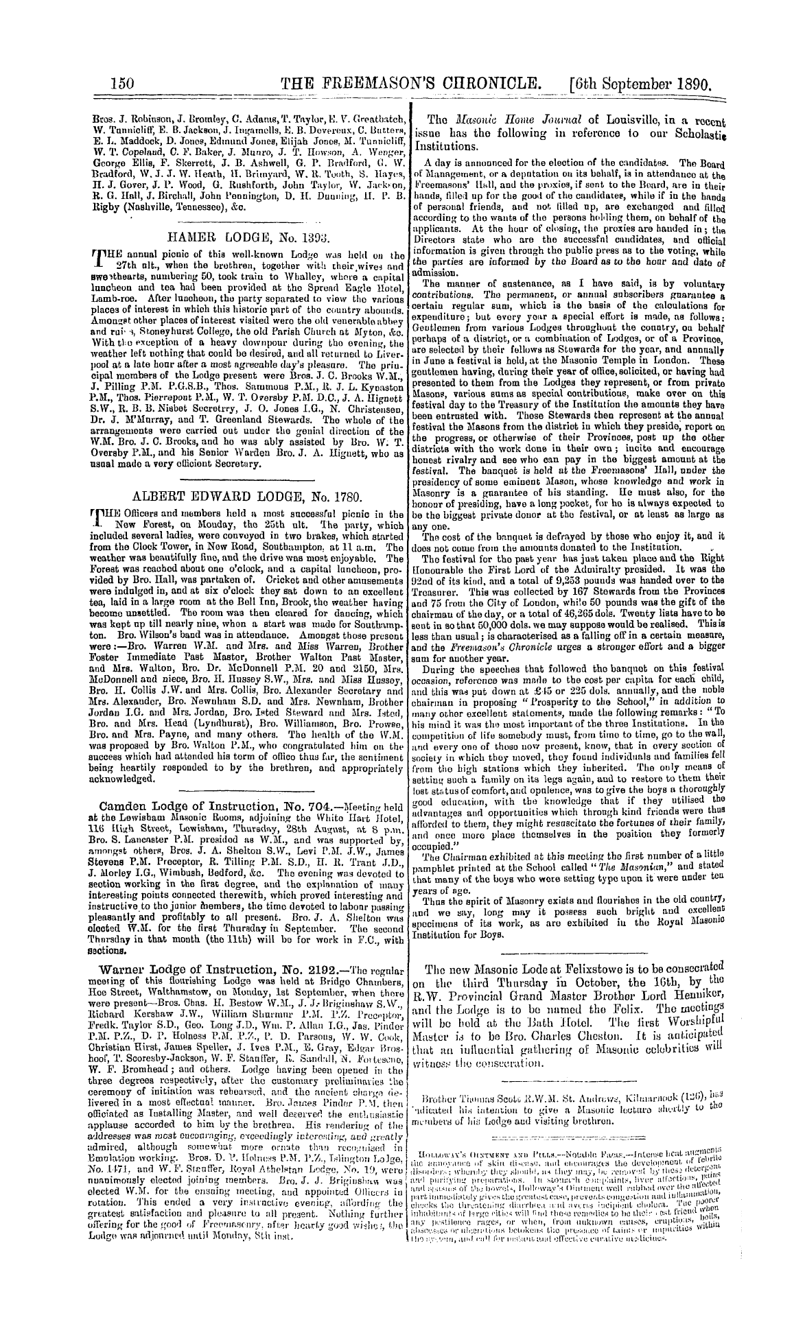 The Freemason's Chronicle: 1890-09-06 - Notices Of Meetings.