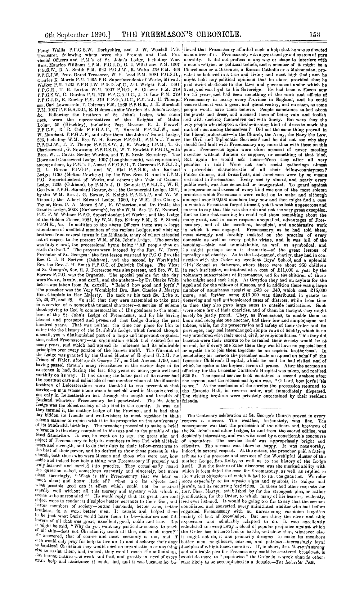 The Freemason's Chronicle: 1890-09-06 - Masonic Centenary At Leicester.