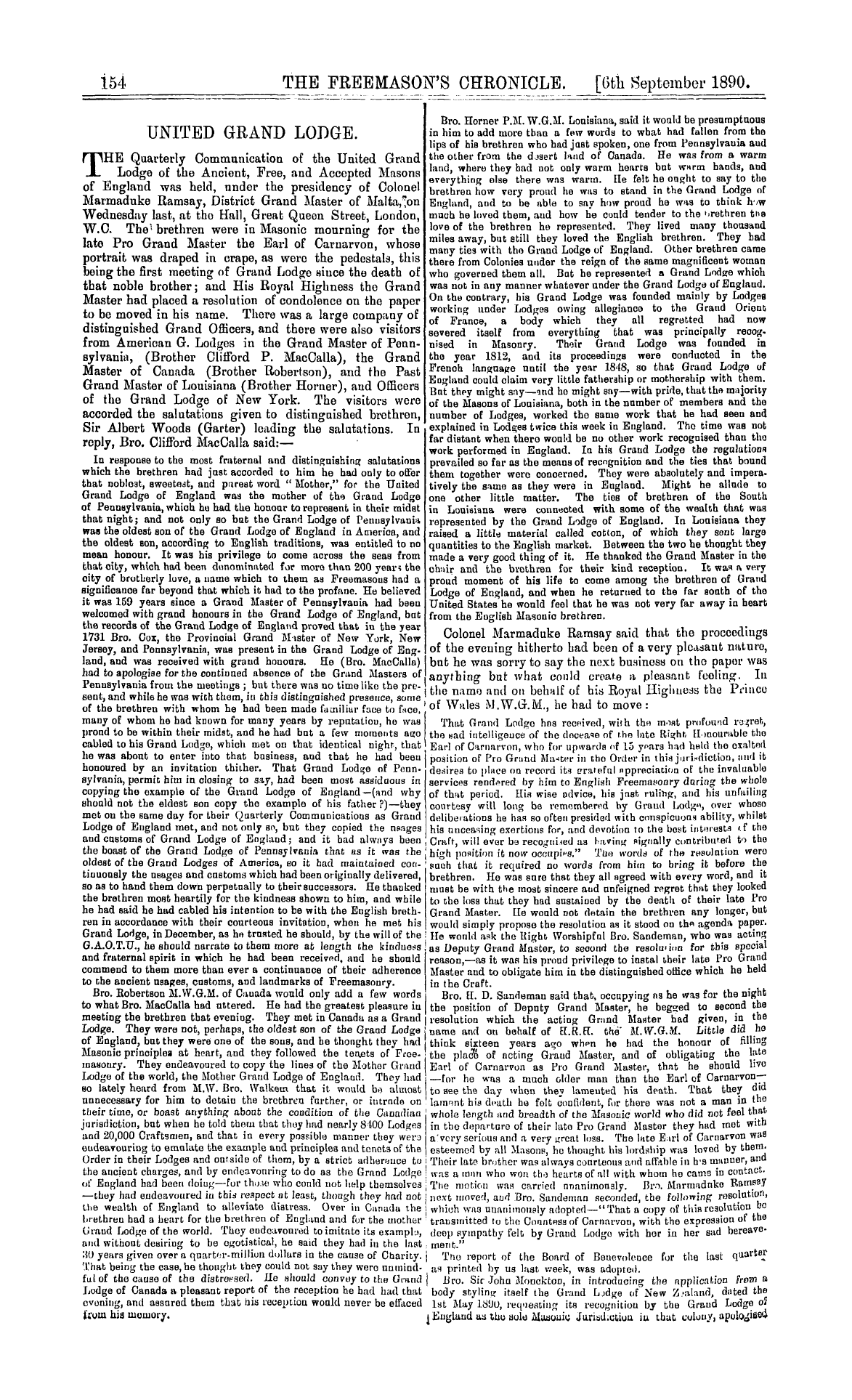 The Freemason's Chronicle: 1890-09-06 - United Grand Lodge.