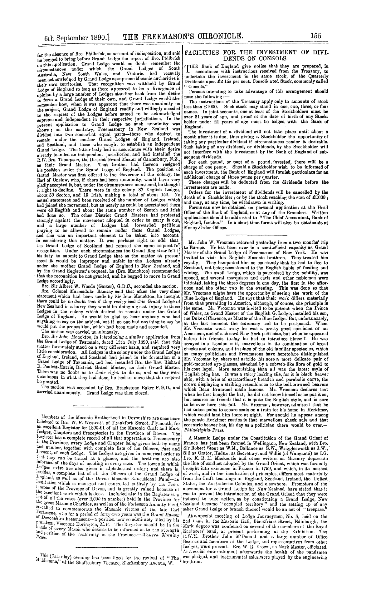 The Freemason's Chronicle: 1890-09-06 - Facilities For The Investment Of Dividends On Consols.