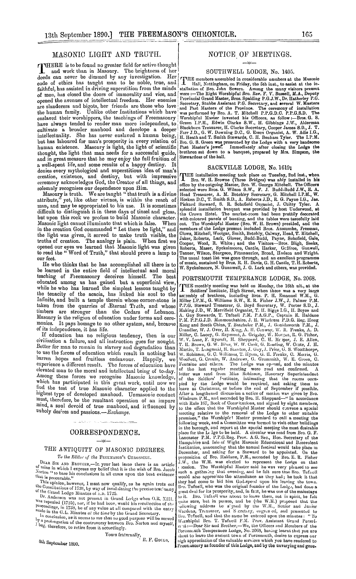 The Freemason's Chronicle: 1890-09-13 - Correspondence.