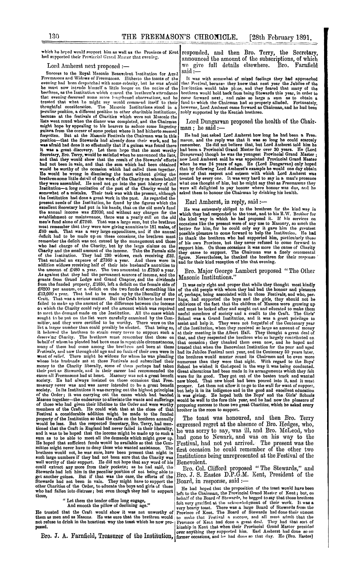 The Freemason's Chronicle: 1891-02-28 - The Festival Of The Benevolent Institution.