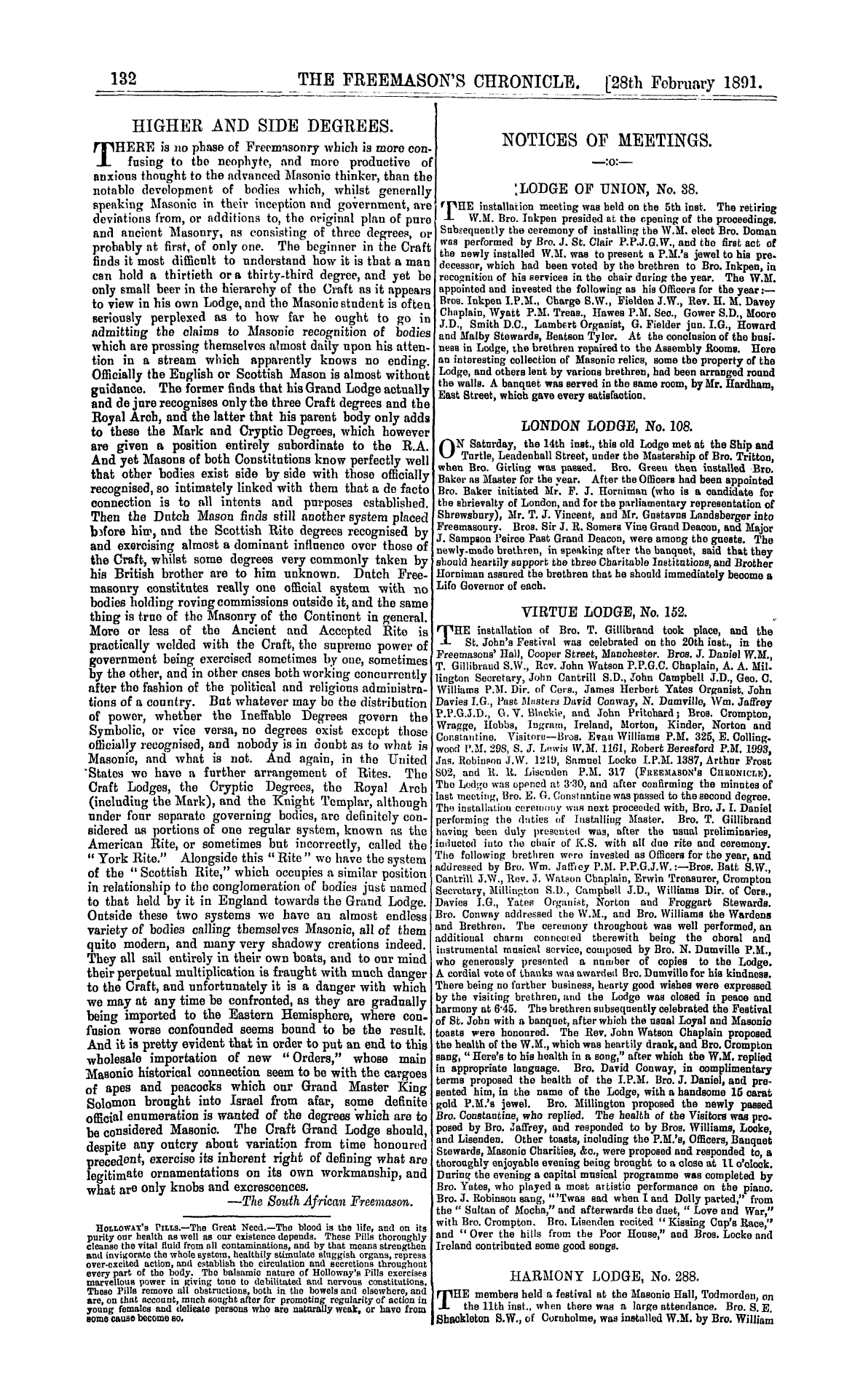 The Freemason's Chronicle: 1891-02-28 - Higher And Side Degrees.