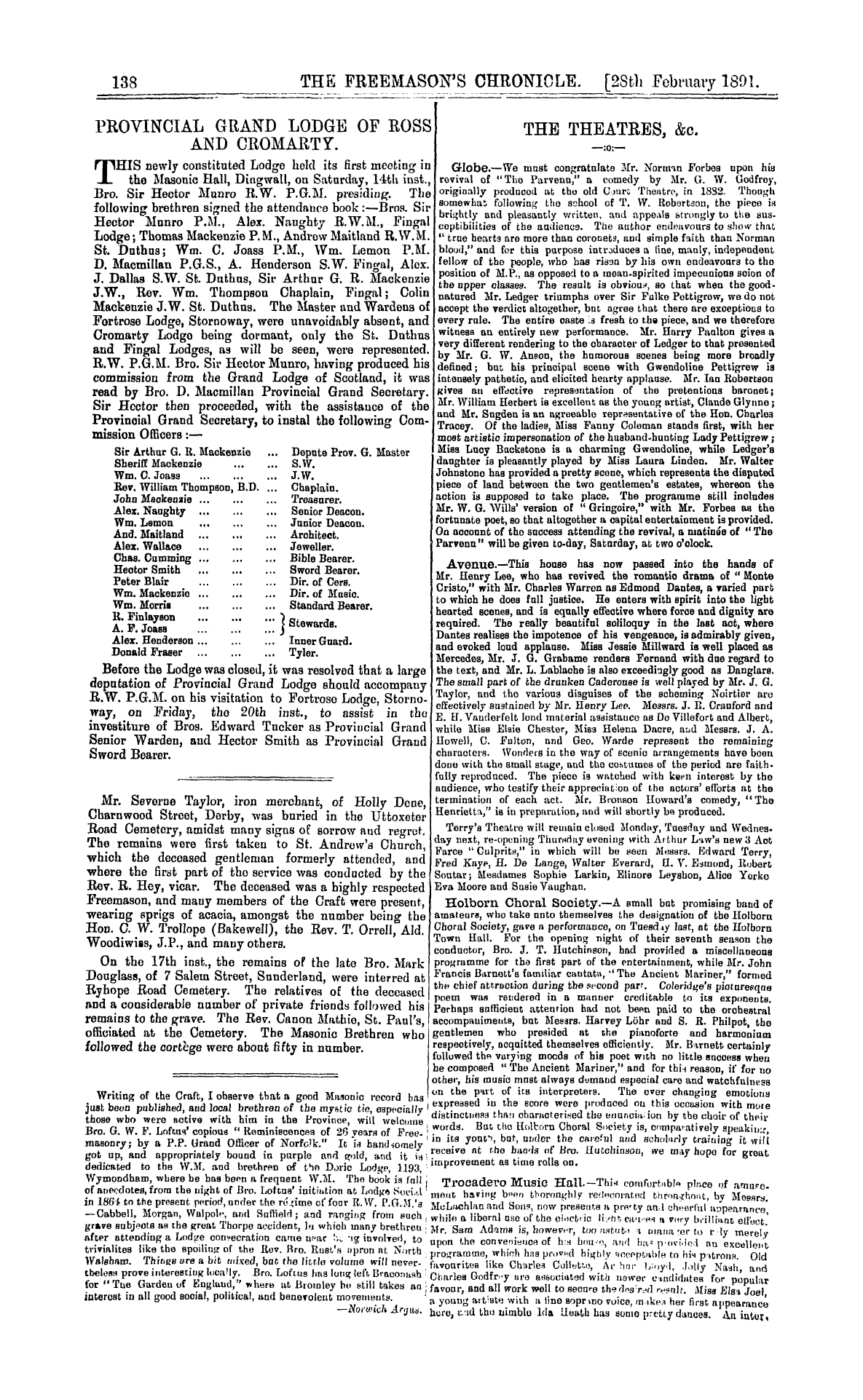 The Freemason's Chronicle: 1891-02-28 - The Theatres, &C.