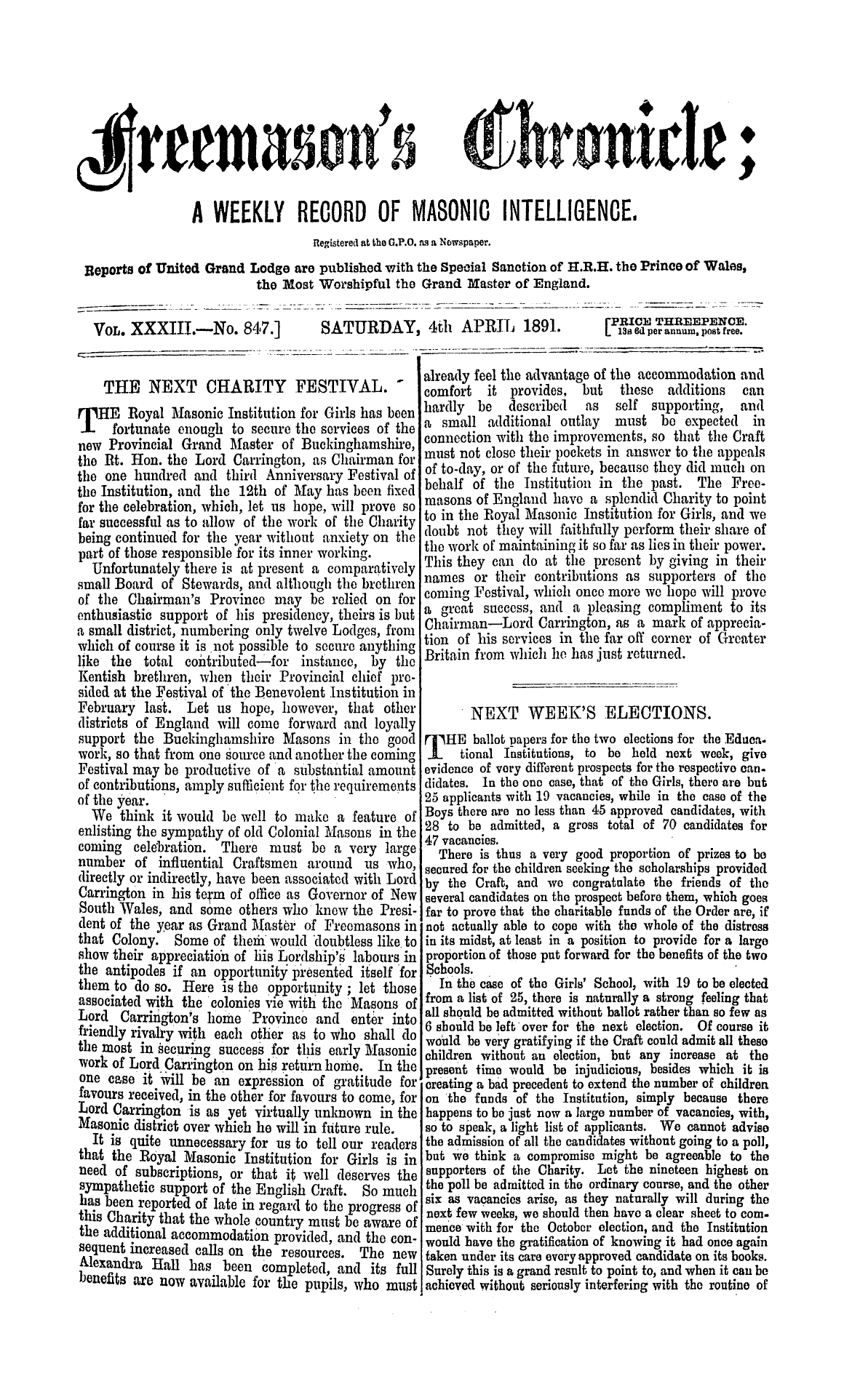 The Freemason's Chronicle: 1891-04-04 - The Next Charity Festival.