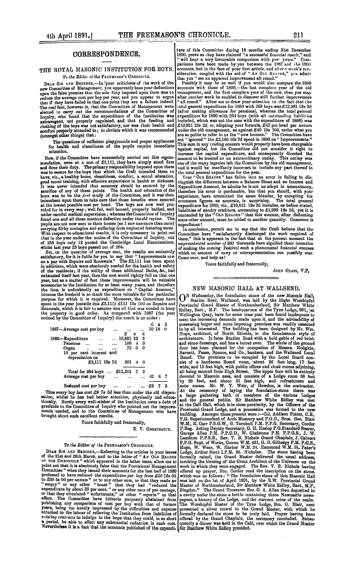 The Freemason's Chronicle: 1891-04-04 - Correspondence.