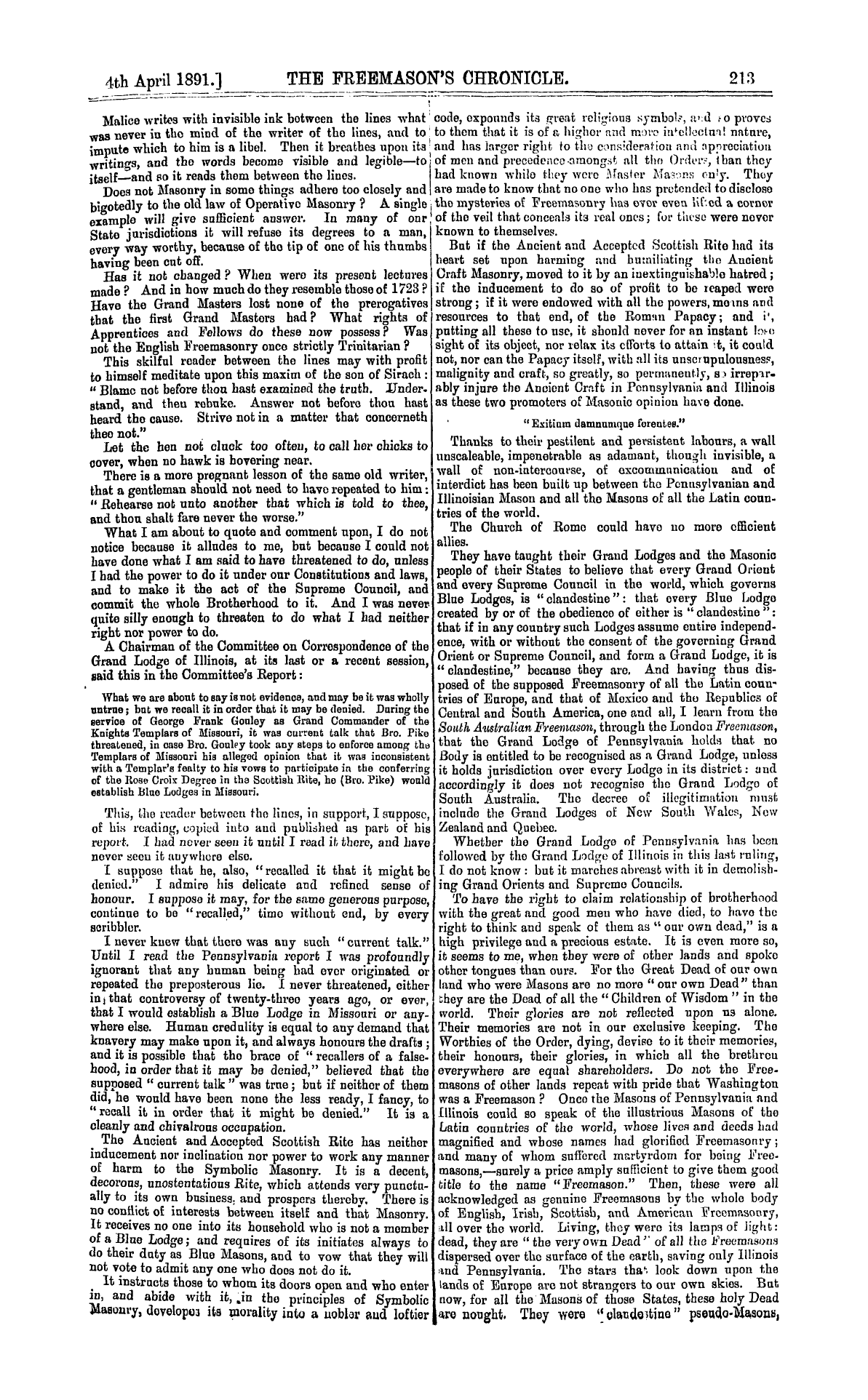 The Freemason's Chronicle: 1891-04-04 - Malevolent Utterances Rebuked.
