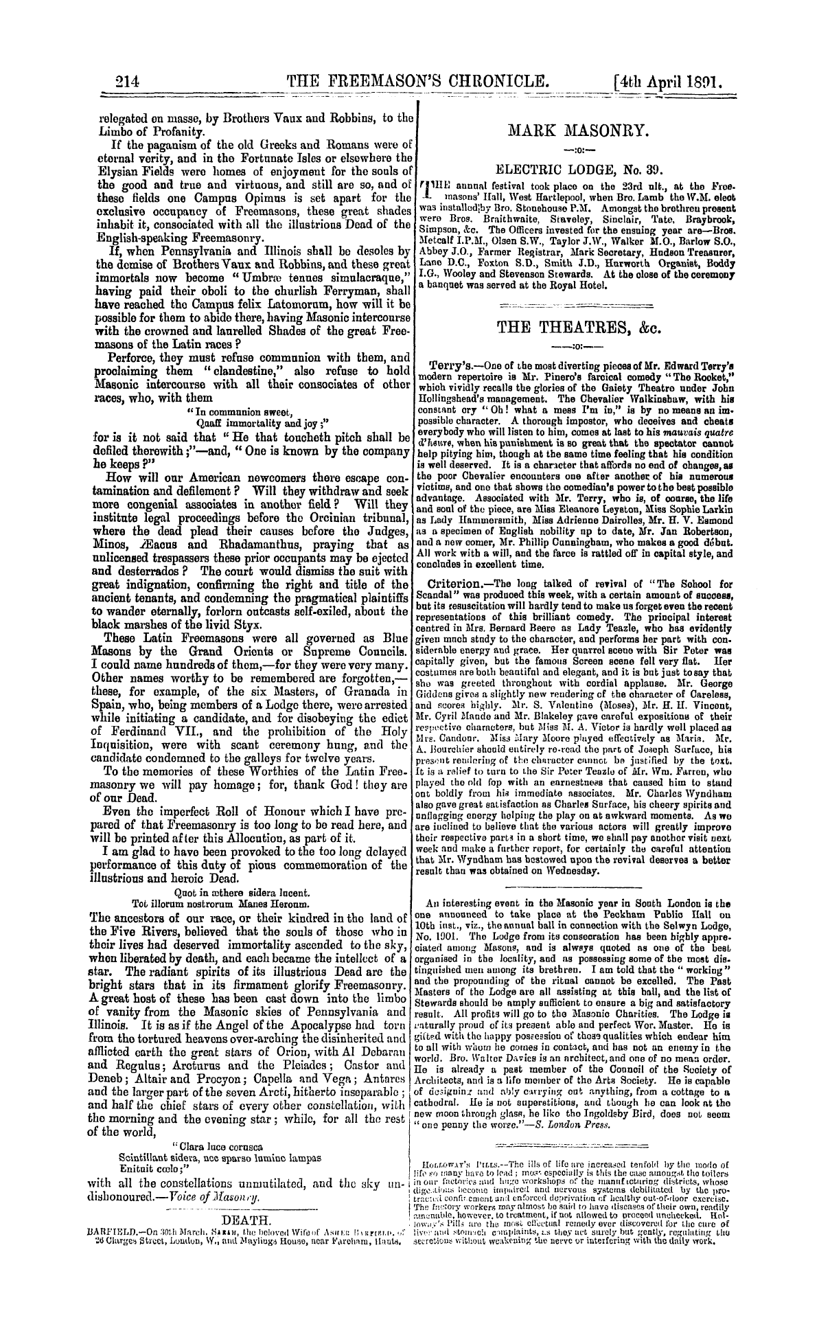 The Freemason's Chronicle: 1891-04-04 - The Theatres. &C.