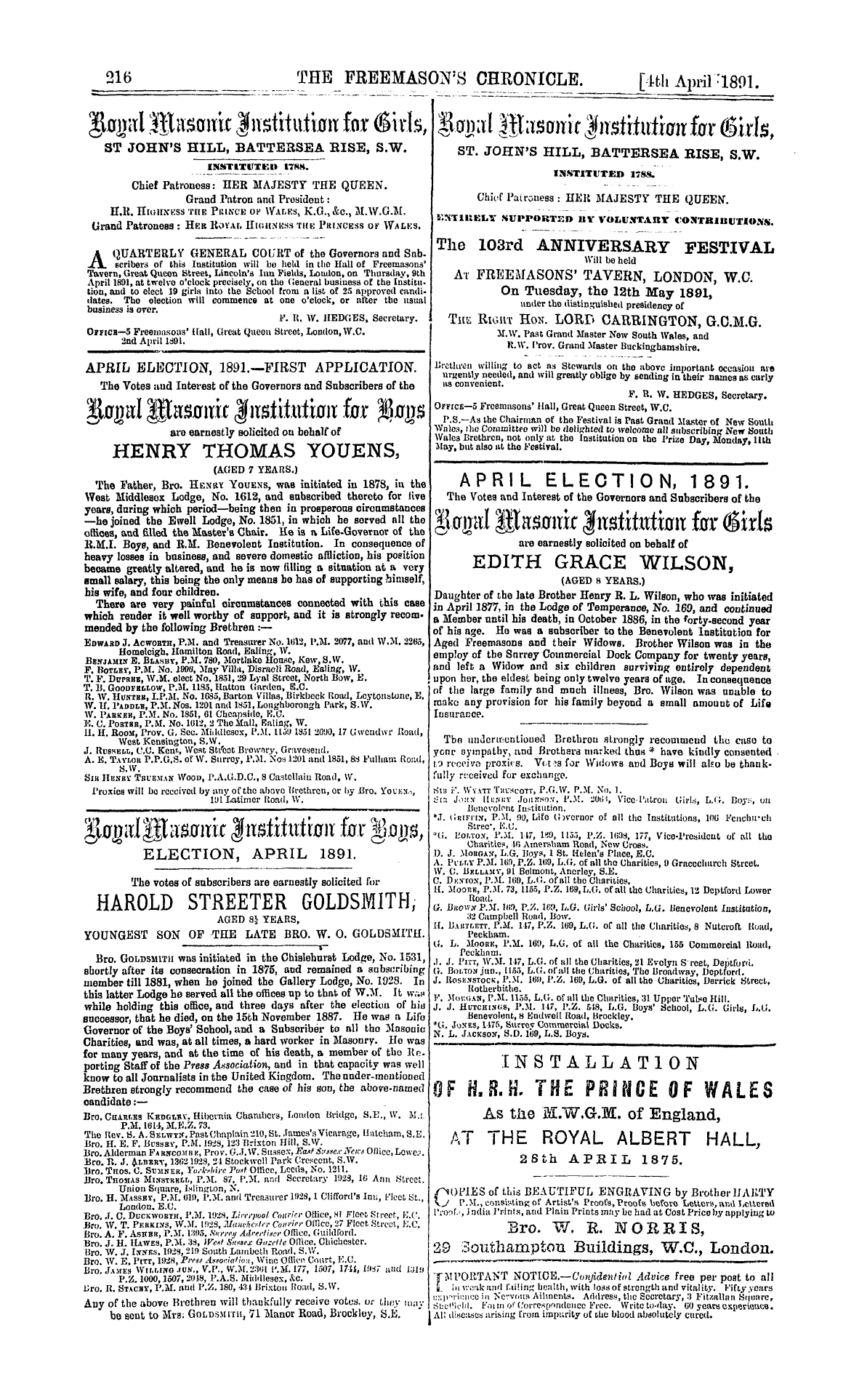 The Freemason's Chronicle: 1891-04-04 - Ad00805