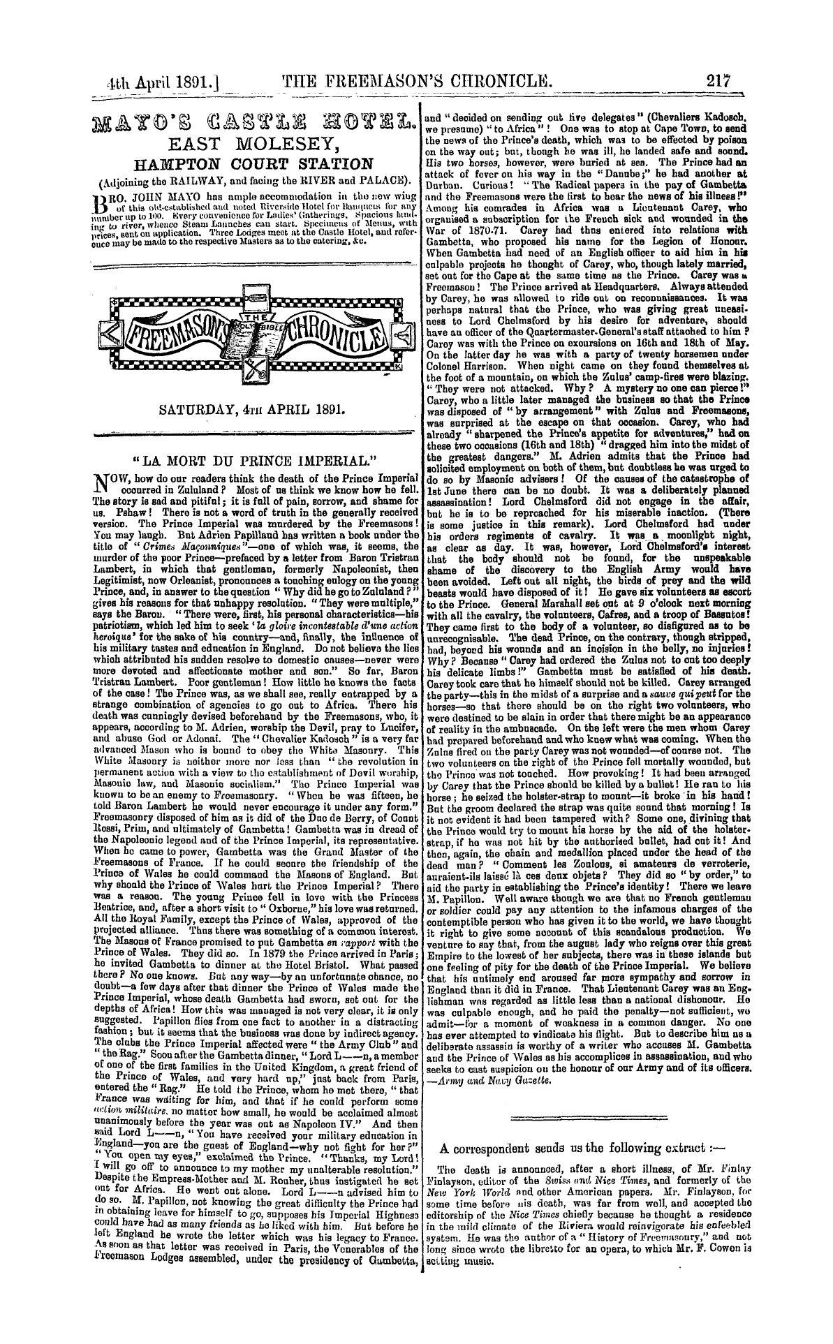 The Freemason's Chronicle: 1891-04-04 - " La Mort Du Prince Imperial."