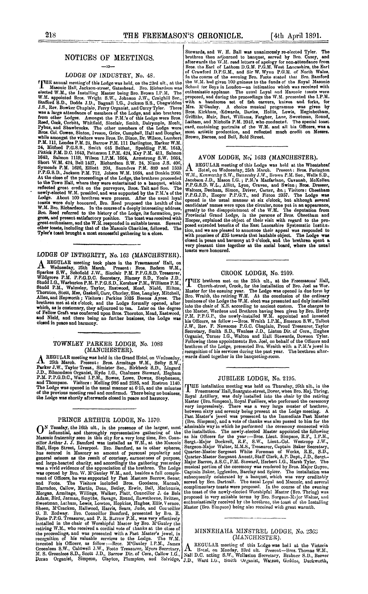 The Freemason's Chronicle: 1891-04-04 - Notices Of Meetings.