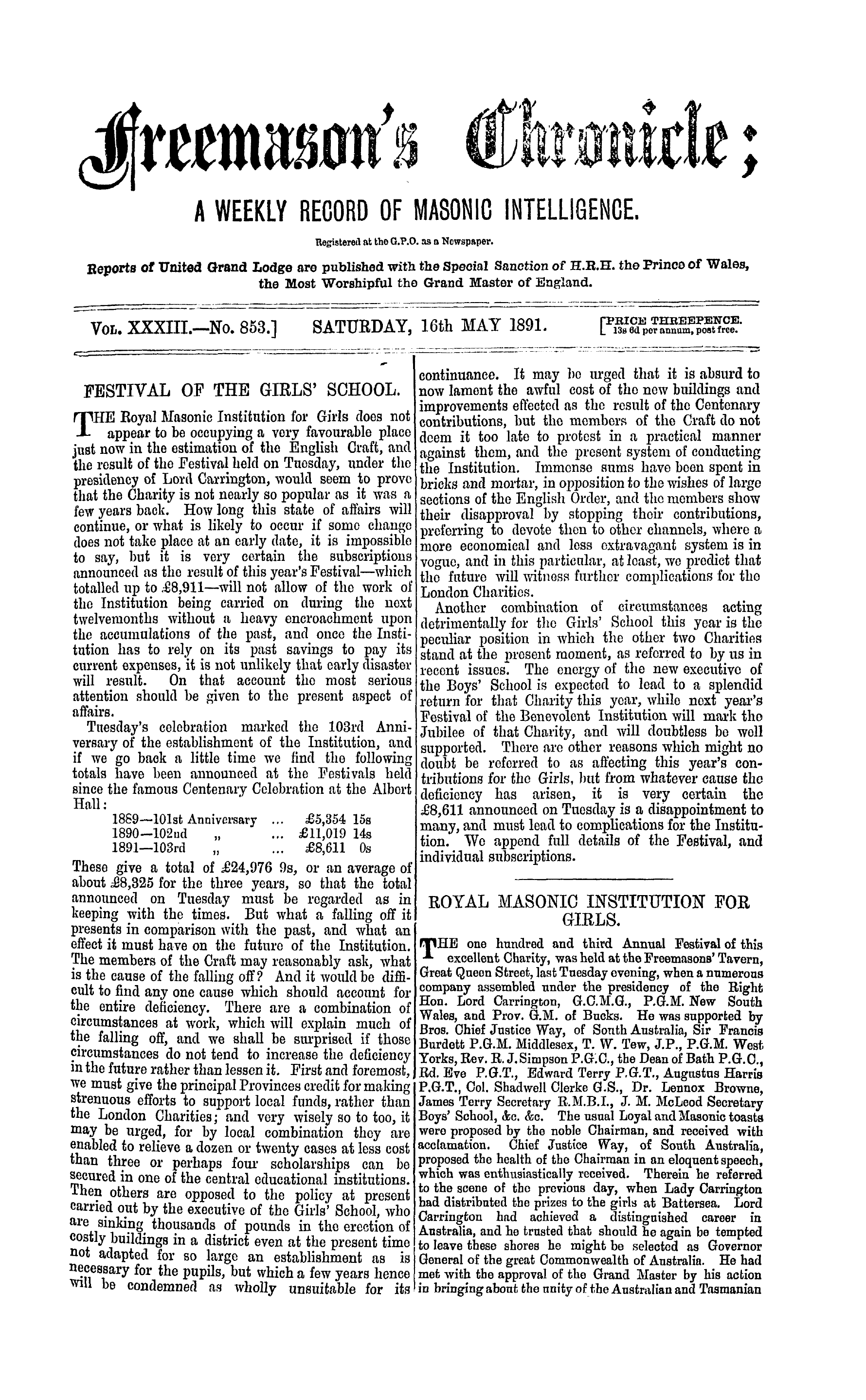 The Freemason's Chronicle: 1891-05-16 - Festival Of The Girls' School.