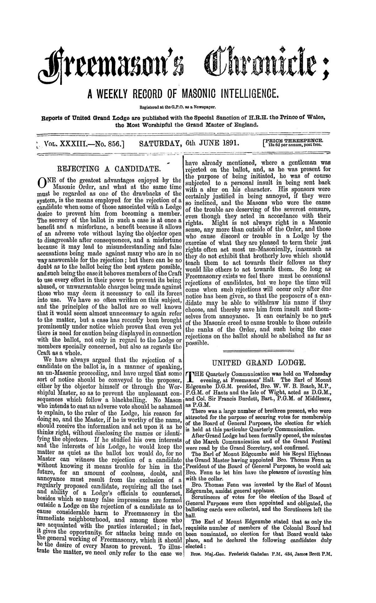 The Freemason's Chronicle: 1891-06-06 - United Grand Lodge.