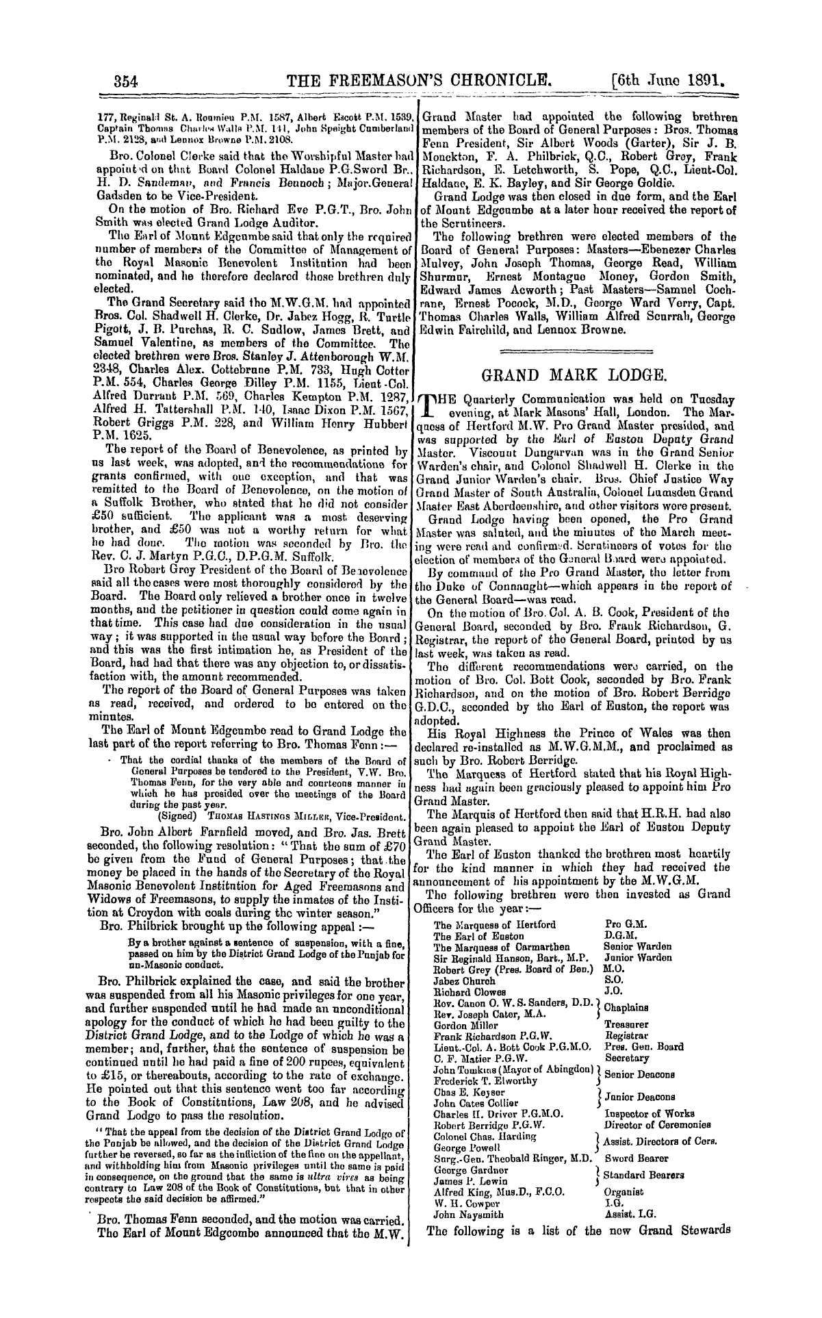 The Freemason's Chronicle: 1891-06-06 - Grand Mark Lodge.