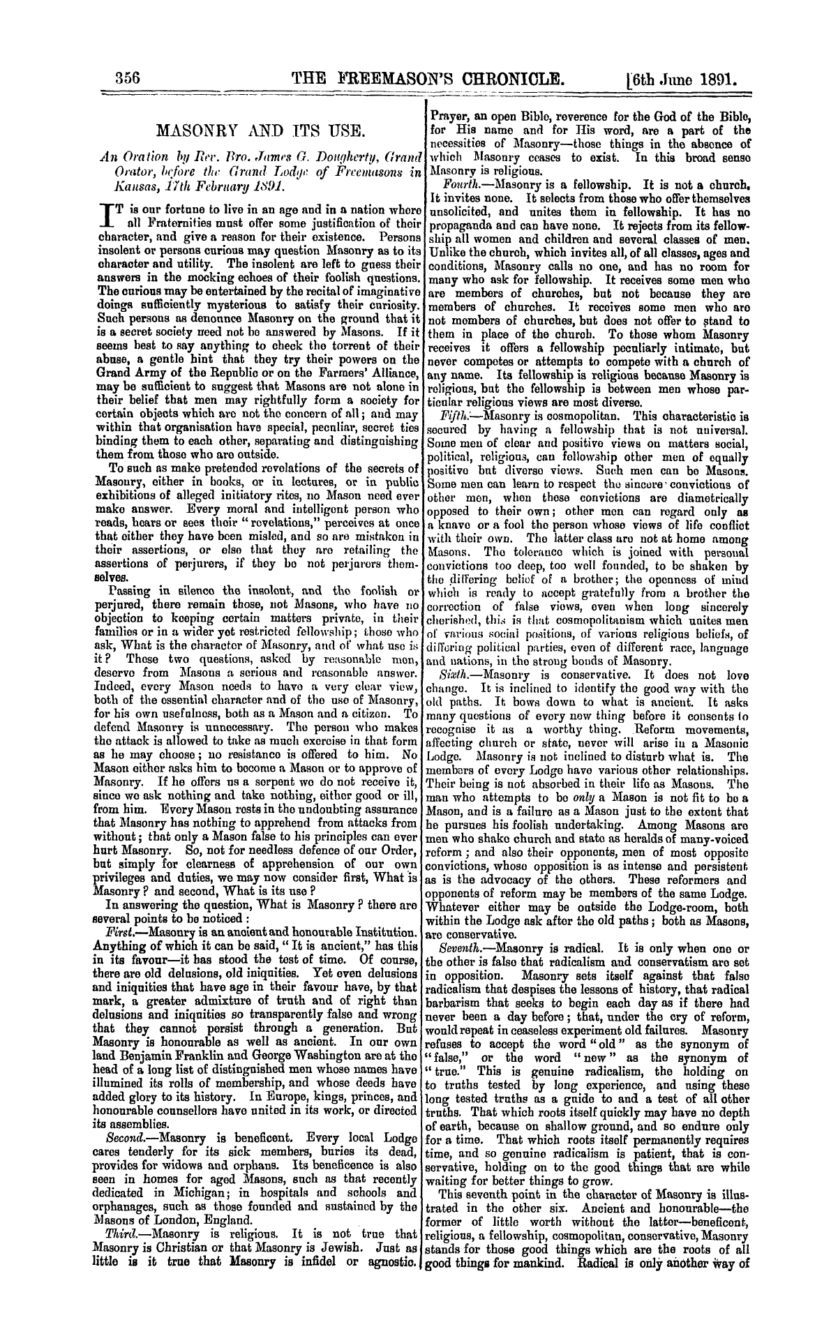 The Freemason's Chronicle: 1891-06-06 - Masonry And Its Use.