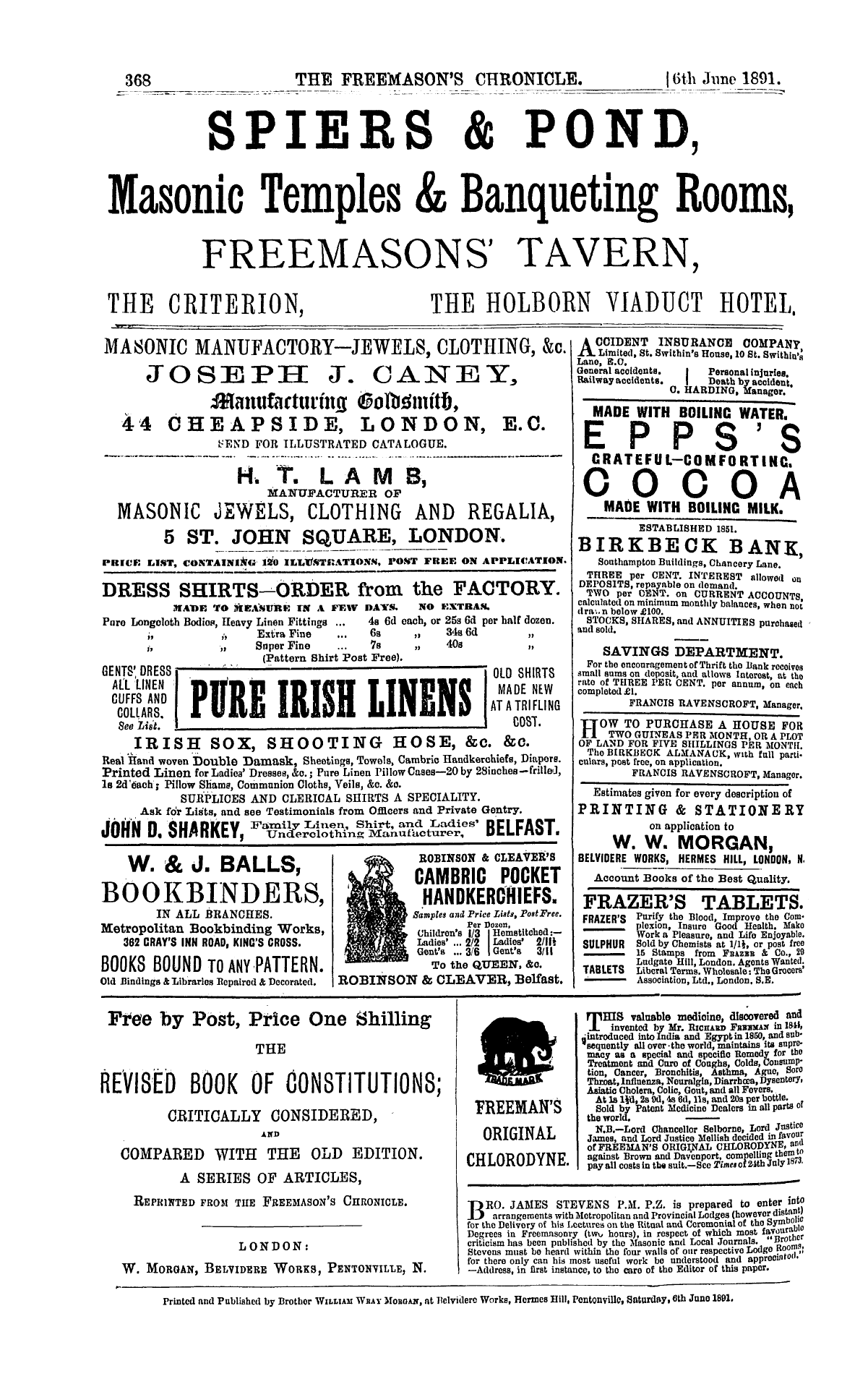 The Freemason's Chronicle: 1891-06-06 - Ad01612