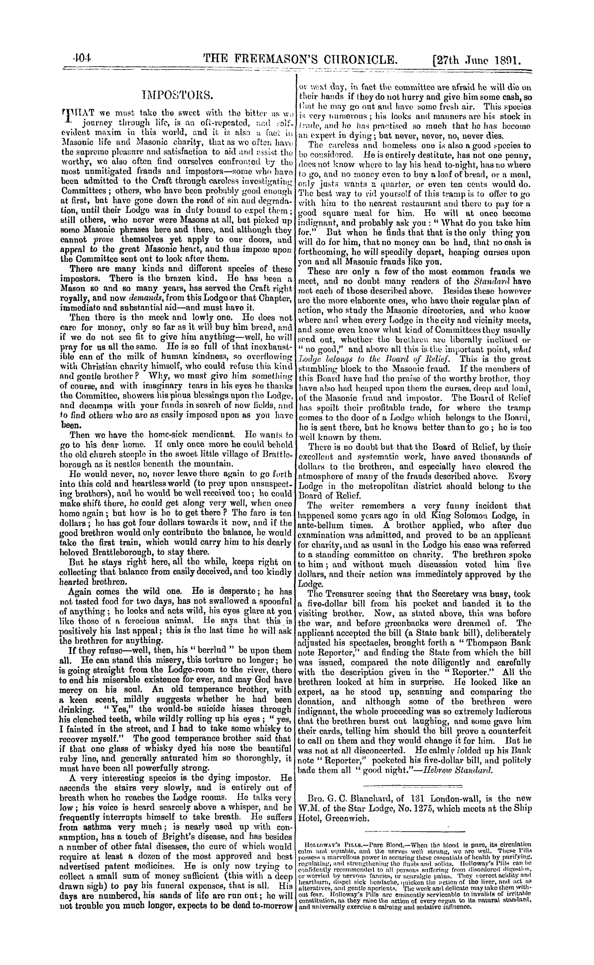 The Freemason's Chronicle: 1891-06-27 - Impostors.