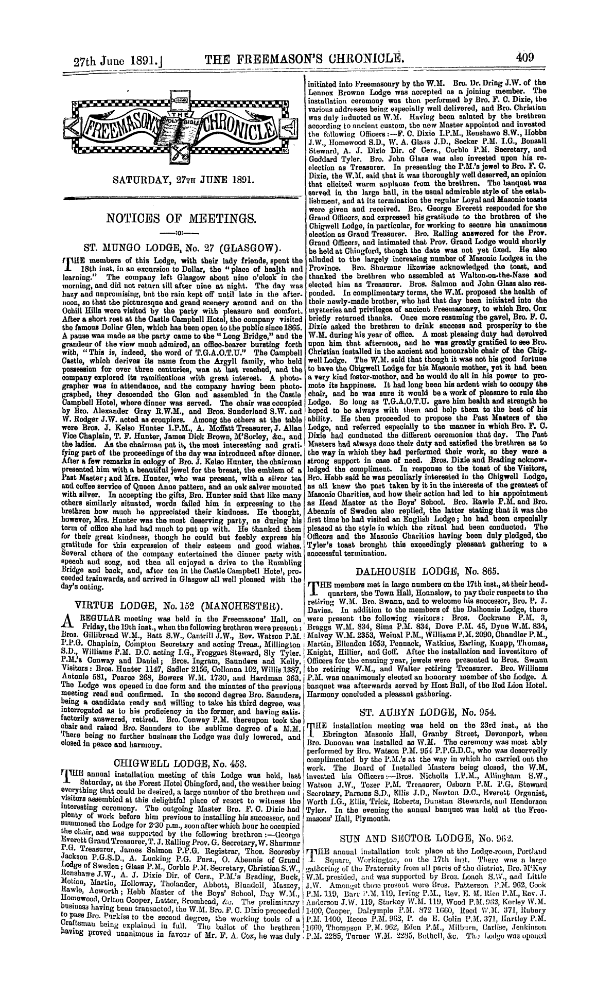 The Freemason's Chronicle: 1891-06-27 - Ar00902