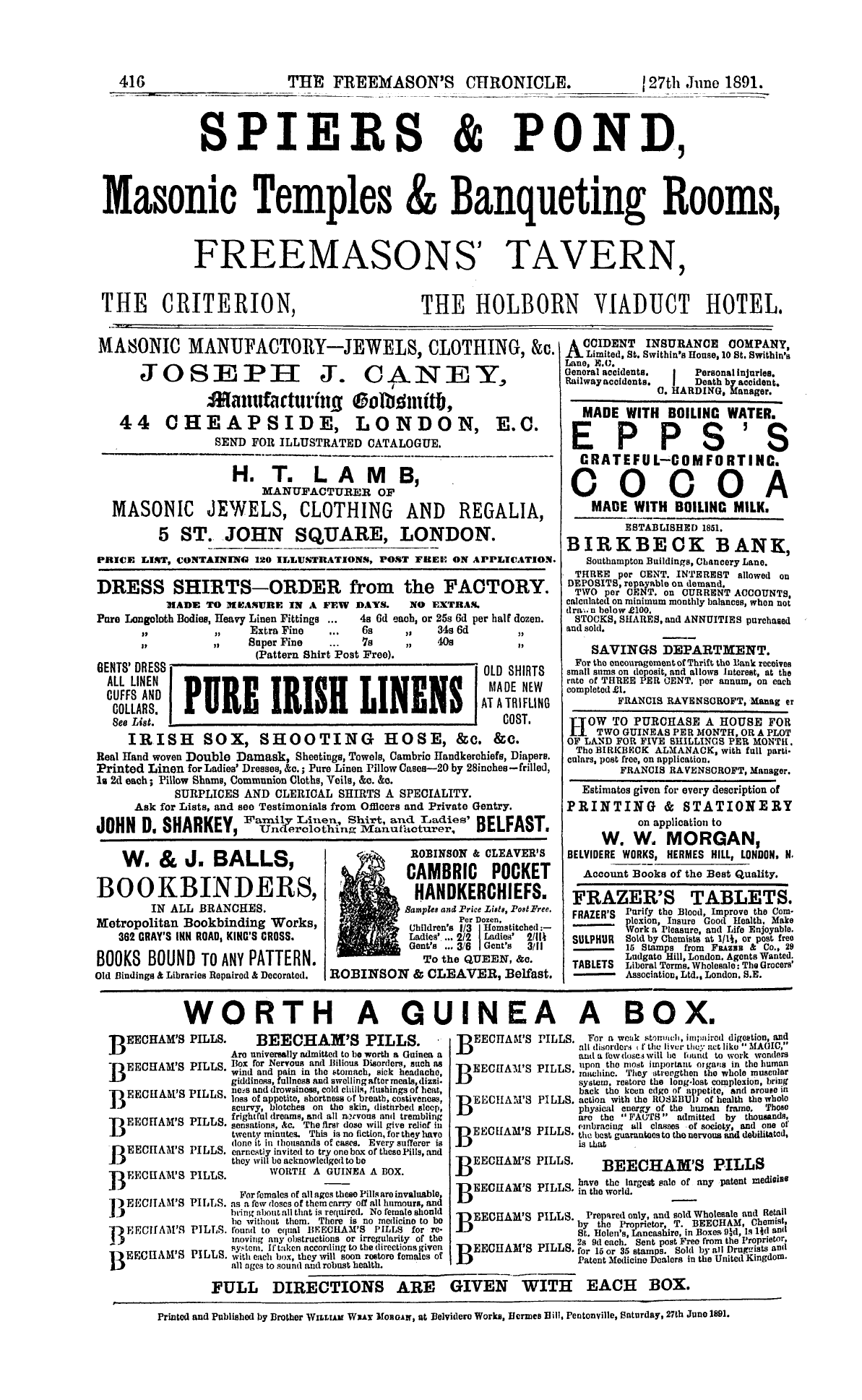 The Freemason's Chronicle: 1891-06-27 - Ad01604