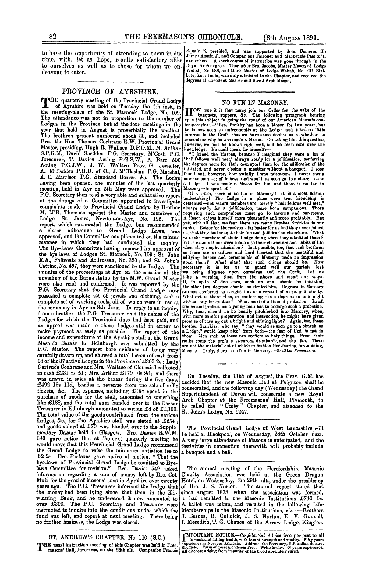 The Freemason's Chronicle: 1891-08-08 - Province Of Ayrshire.