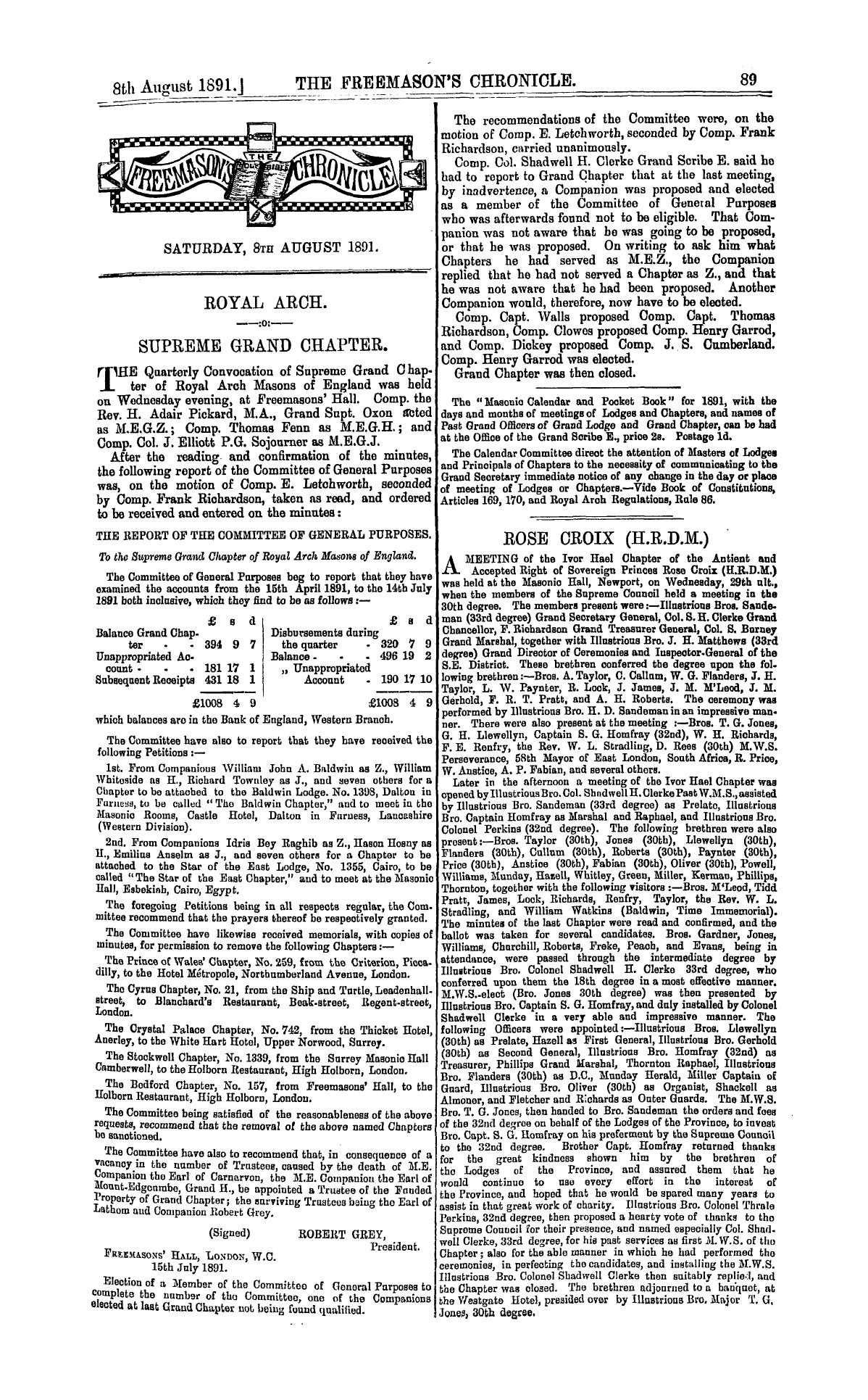 The Freemason's Chronicle: 1891-08-08 - Royal Arch.