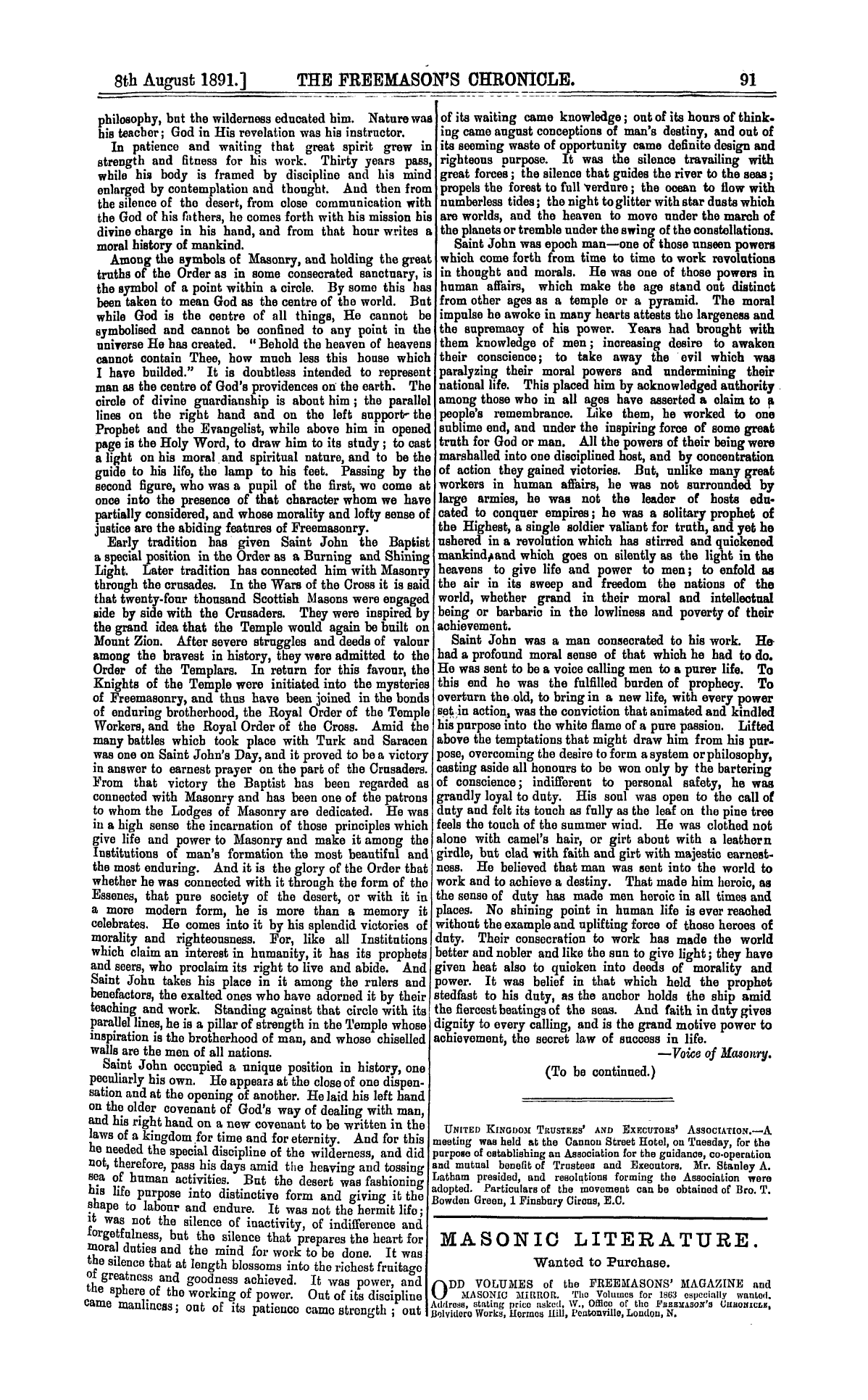 The Freemason's Chronicle: 1891-08-08 - St. John The Baptist.