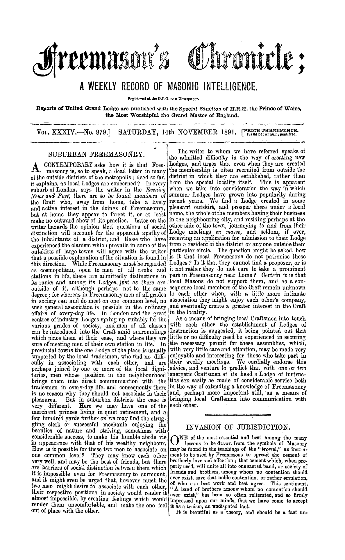 The Freemason's Chronicle: 1891-11-14 - Invasion Of Jurisdiction.