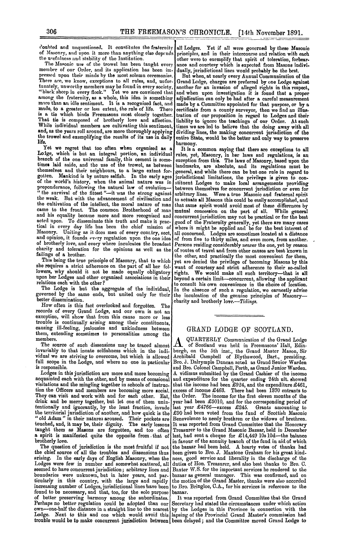 The Freemason's Chronicle: 1891-11-14 - Grand Lodge Of Scotland.