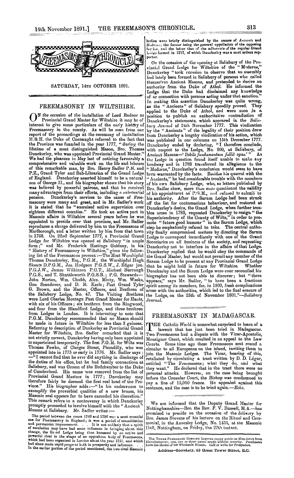 The Freemason's Chronicle: 1891-11-14 - Freemasonry In Madagascar.