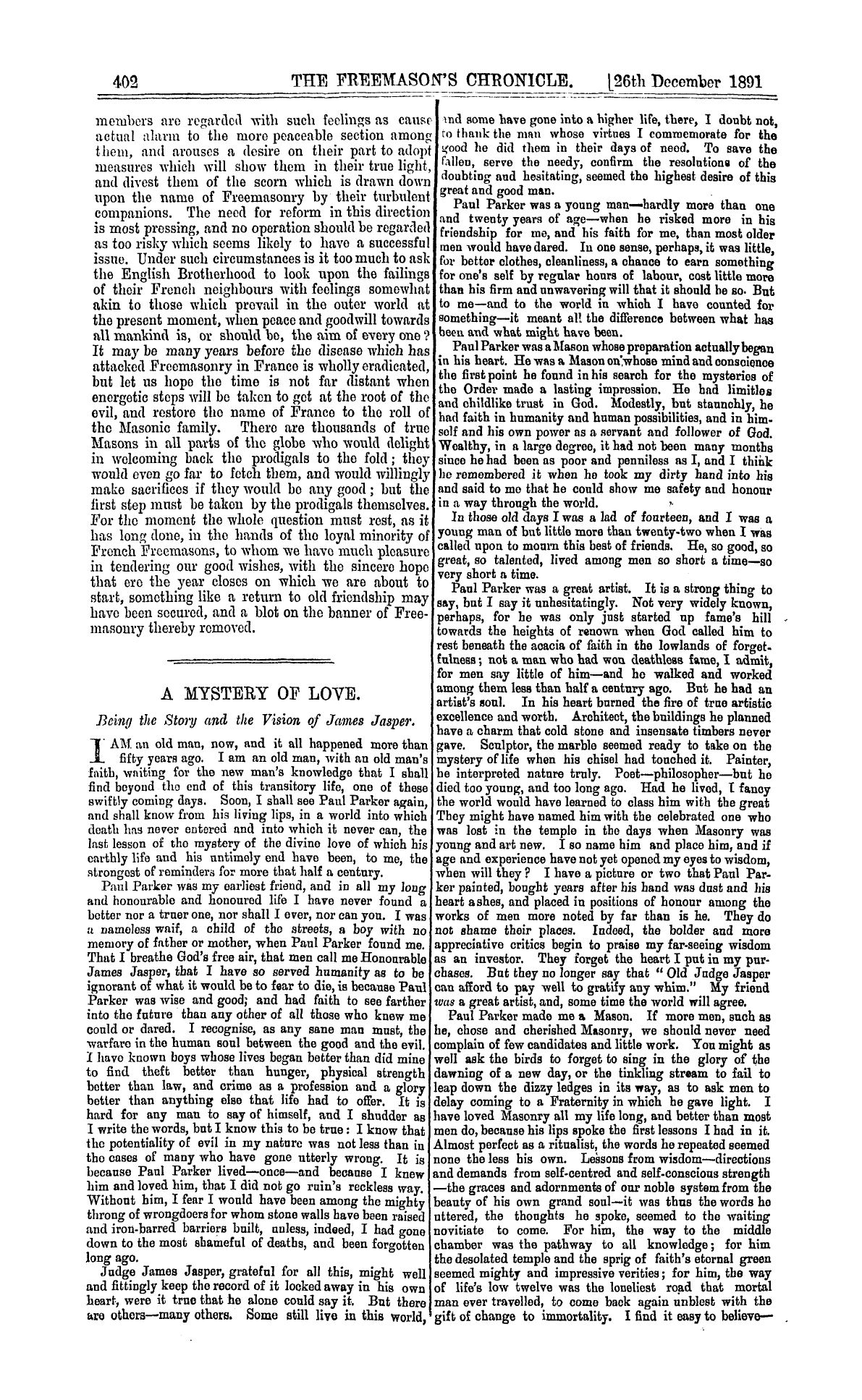 The Freemason's Chronicle: 1891-12-26 - A Mystery Of Love.