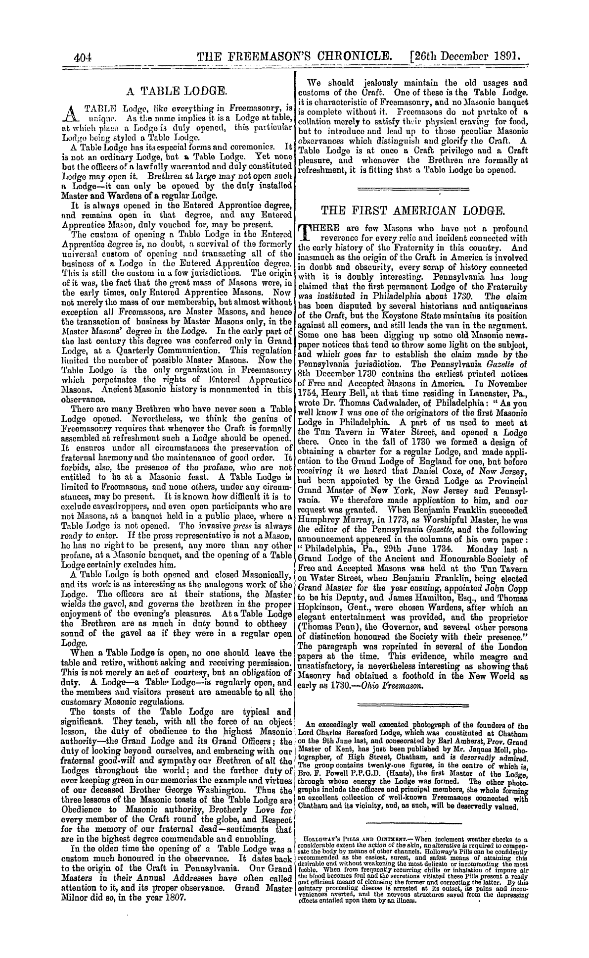 The Freemason's Chronicle: 1891-12-26 - The First American Lodge.