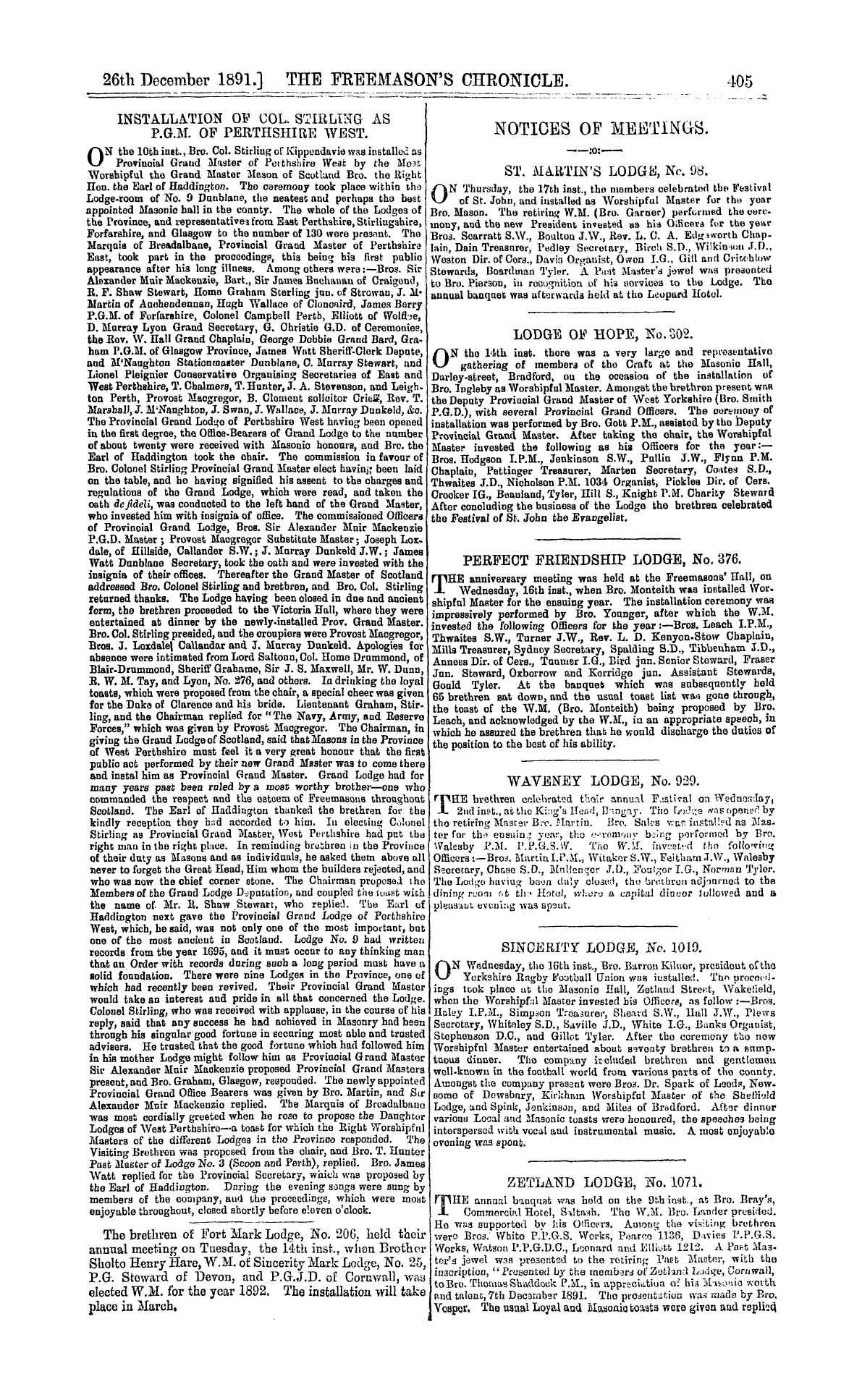The Freemason's Chronicle: 1891-12-26 - Installation Of Col. Stirling As P.G.M. Of Perthshire West.