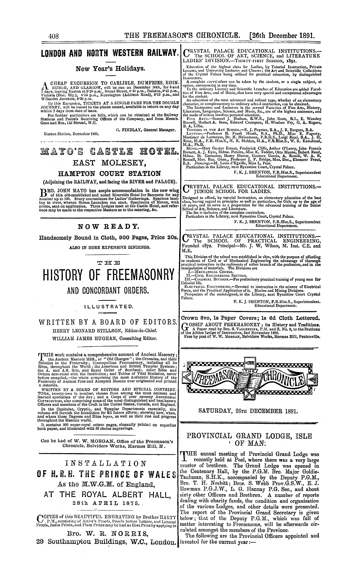 The Freemason's Chronicle: 1891-12-26 - Ad00809