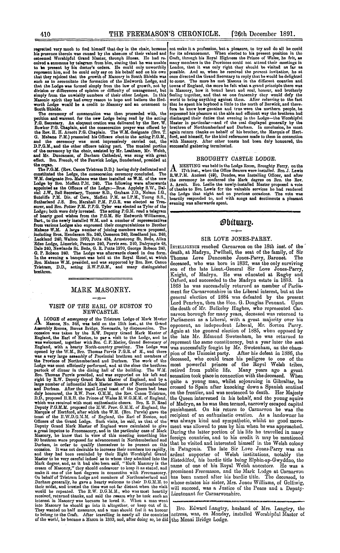 The Freemason's Chronicle: 1891-12-26 - Consecraton Of The Hedworth Lodge, No. 2418.