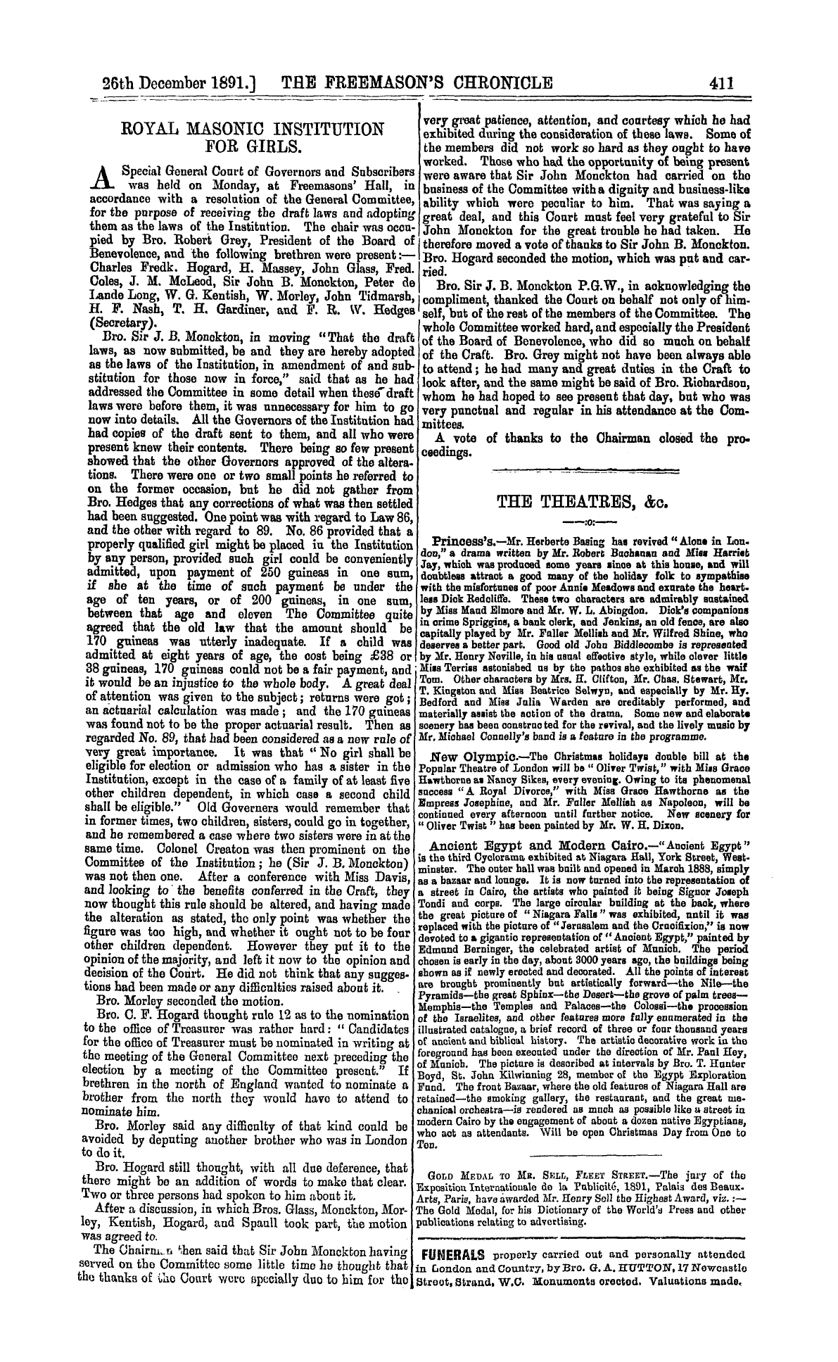 The Freemason's Chronicle: 1891-12-26 - Ad01103