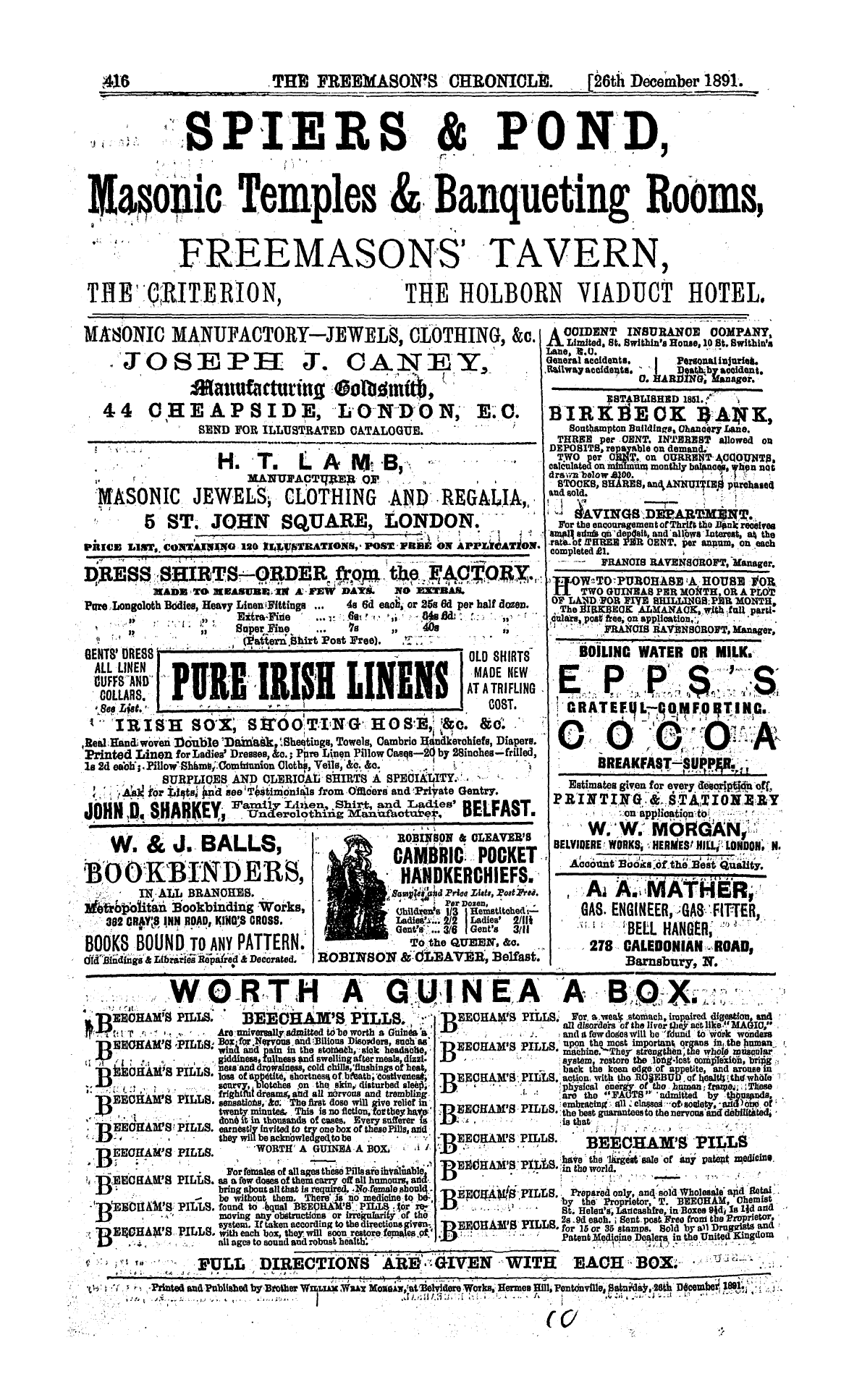 The Freemason's Chronicle: 1891-12-26 - Ad01609