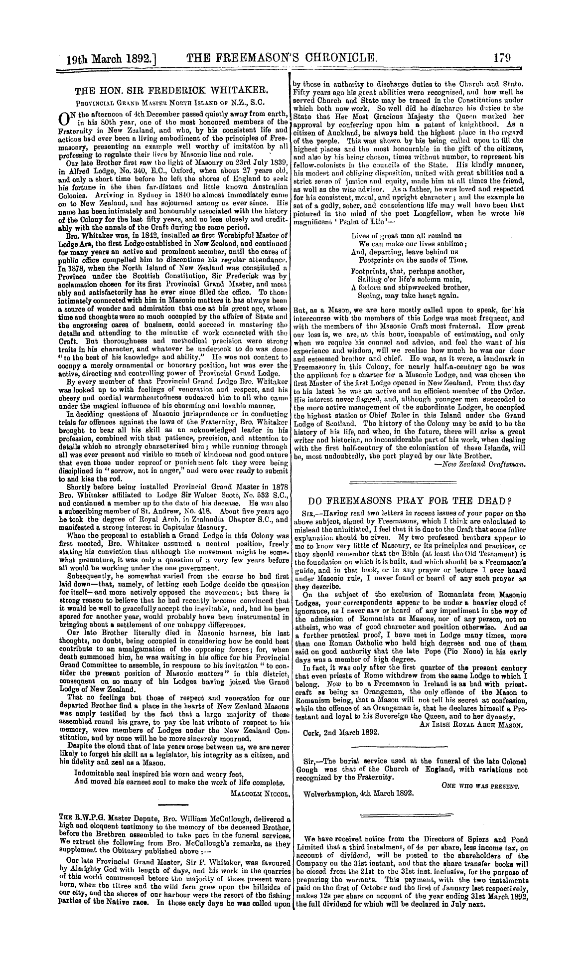 The Freemason's Chronicle: 1892-03-19 - The Hon. Sir Frederick Whitaker.