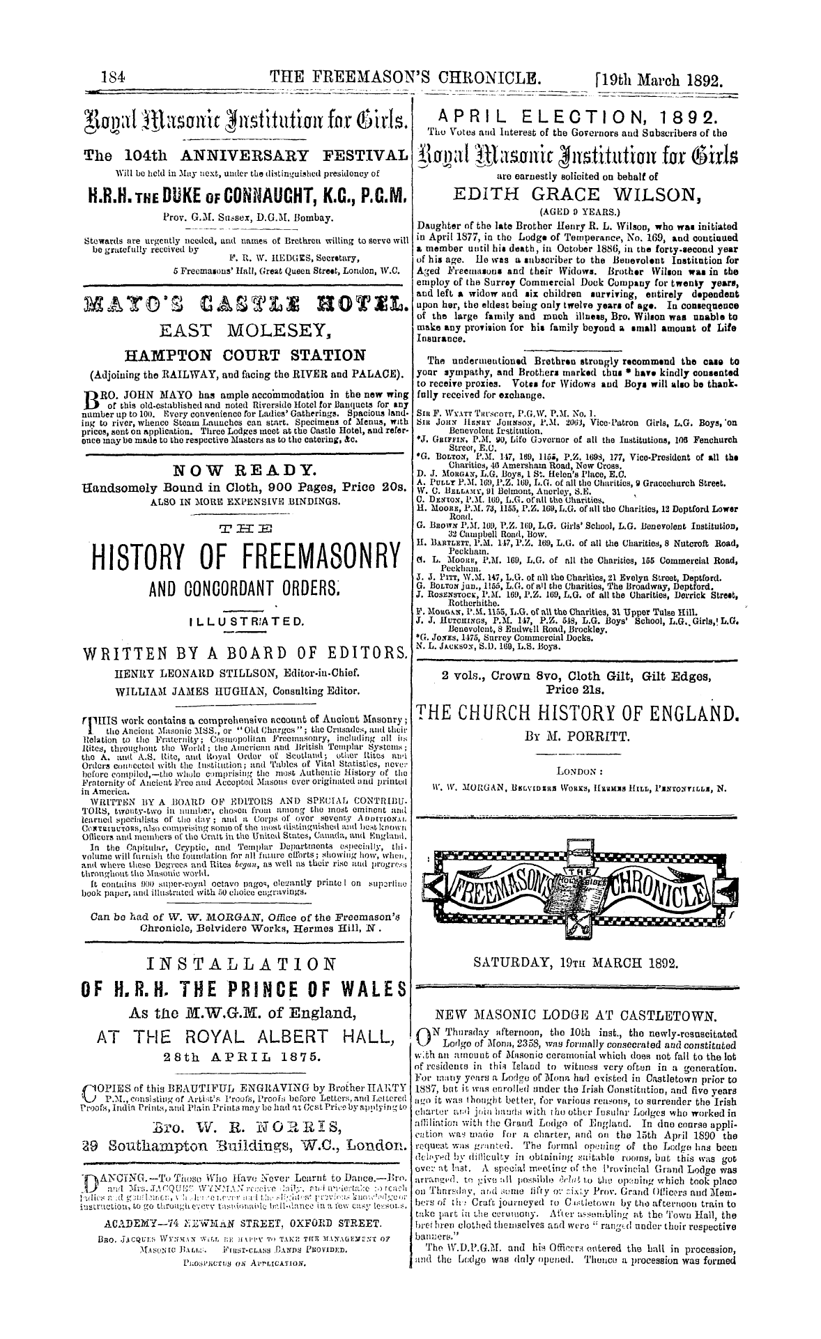 The Freemason's Chronicle: 1892-03-19 - New Masonic Lodge At Castletown.