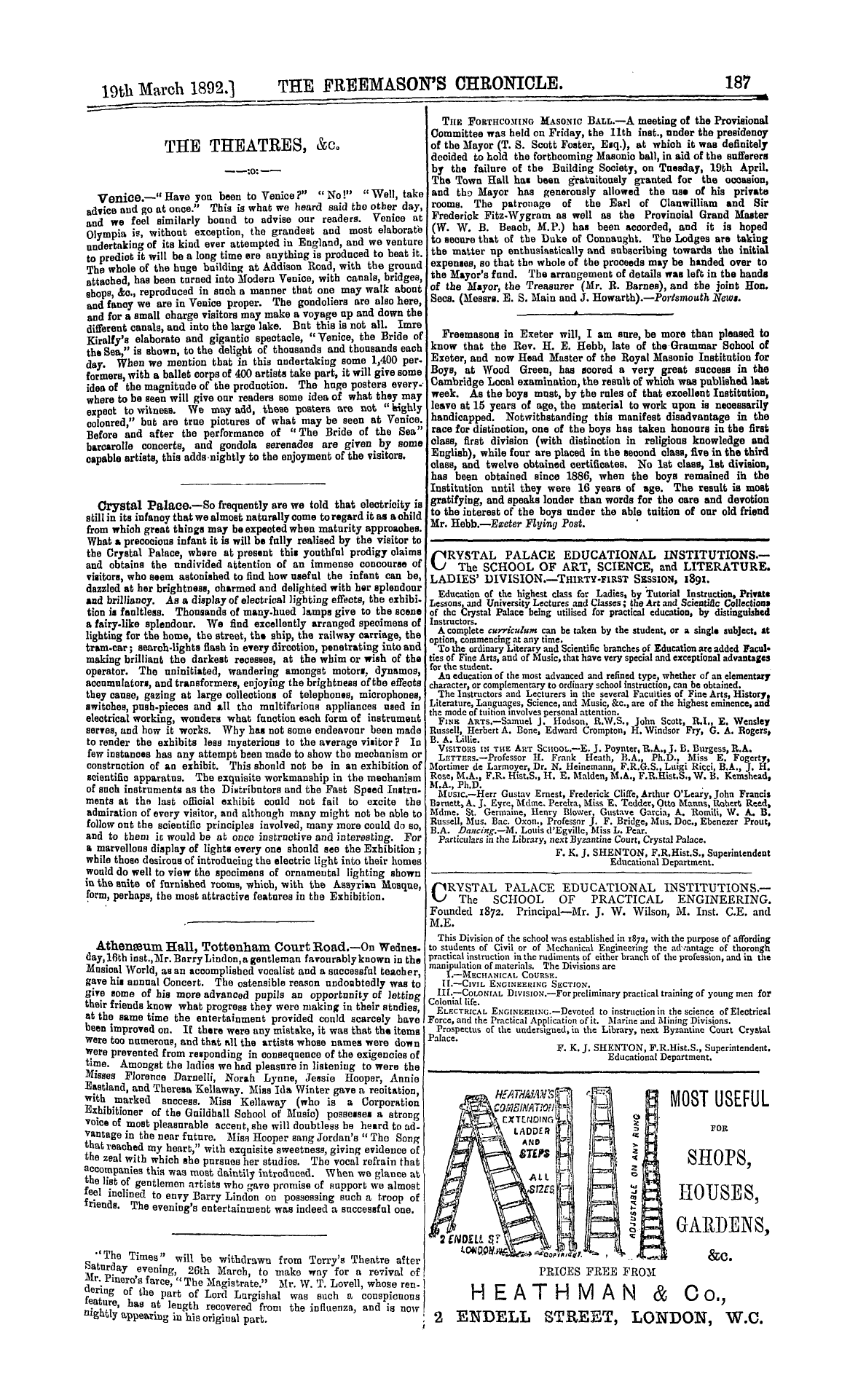 The Freemason's Chronicle: 1892-03-19 - Ad01102