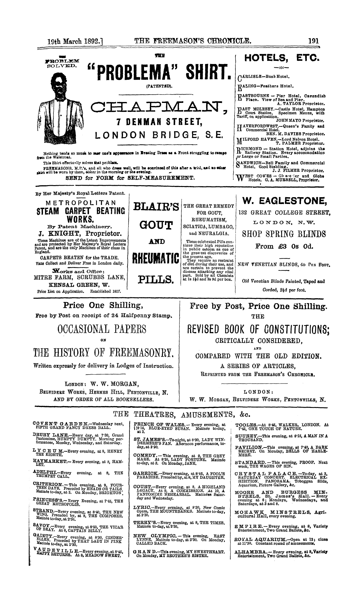 The Freemason's Chronicle: 1892-03-19 - The Theatres, Amusements, &C.