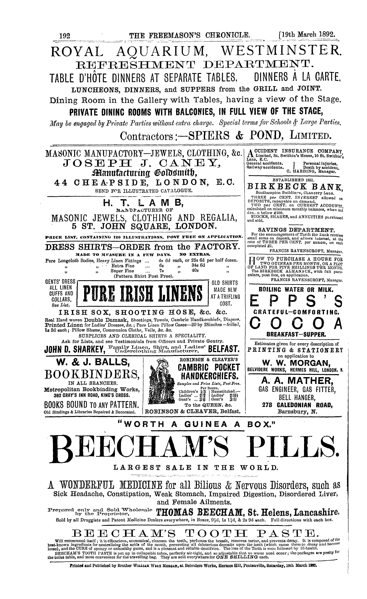 The Freemason's Chronicle: 1892-03-19 - Ad01608