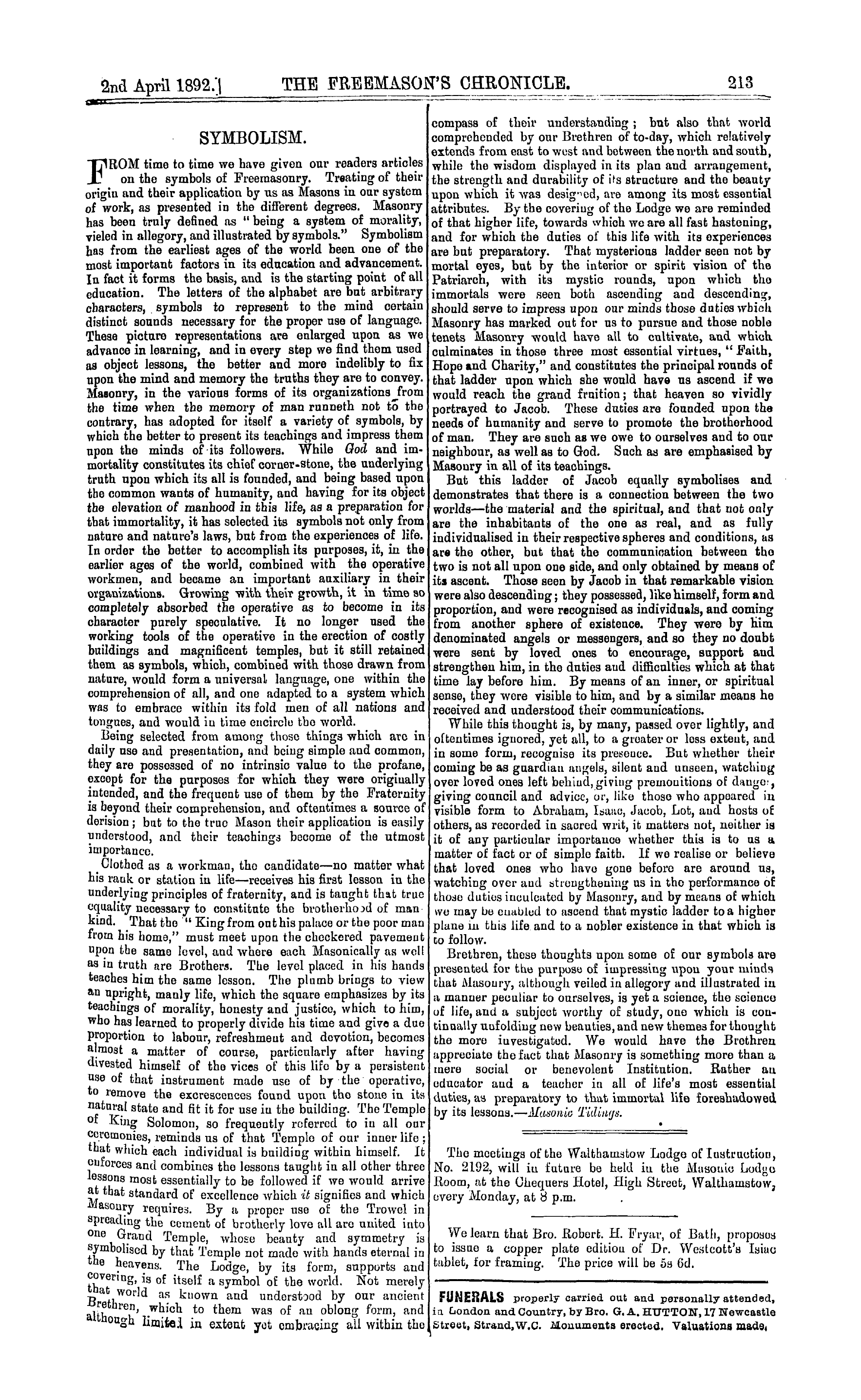 The Freemason's Chronicle: 1892-04-02 - Symbolism.