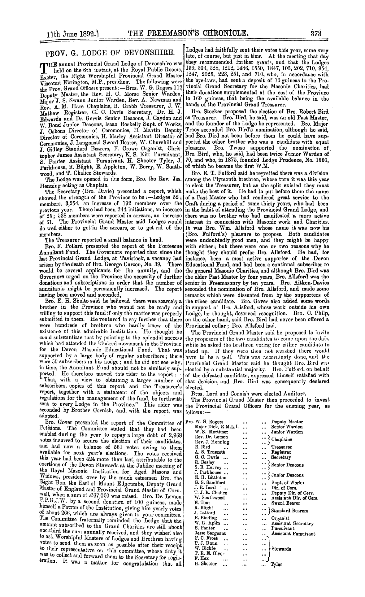 The Freemason's Chronicle: 1892-06-11 - Prov. G. Lodge Of Devonshire.